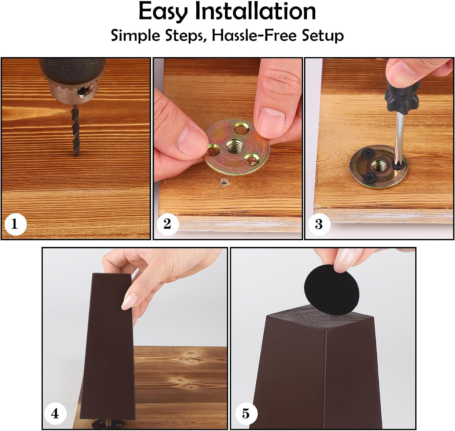 Condition photo showing New/Like New for turstin set of 16 brown 6 inch square solid wood furniture legs wooden replacement feet for sofa, couch, chair, bed, cabinet, table, includes screws, m8 iron washers, felt pads & screwdriver