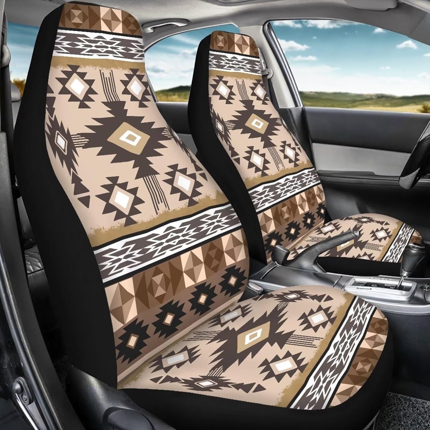 Wanyint Southwestern Aztec Khaki Car Seat Cover Front Seats Only, Front Car Interior Decor Protector Vehicle Bucket Auto Seat Covers for Women Men