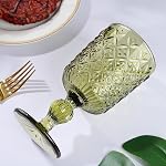 Joeyan 300ml Green Vintage Glass Wine Goblet, Romantic Geometric Embossed Drinking Glasses, Heavy Stemmed Wine Glasses for Christmas Party Wedding Table Decor, Set of 4, Dishwasher Safe