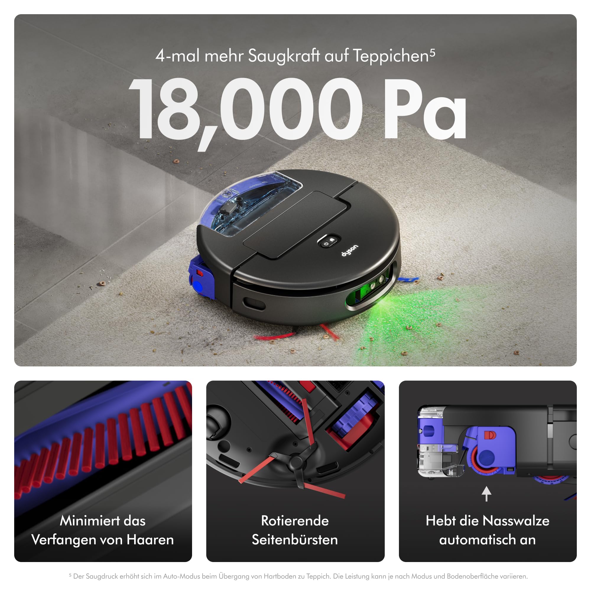 Dyson Spot+Scrub™ AI Nass- und Trocken-Roboterstaubsauger Selbstentleerung Selbstreinigende Nasswalze 4-fache Teppich-Saugkraft KI-Fleckenentfernung Schwarz/Blau