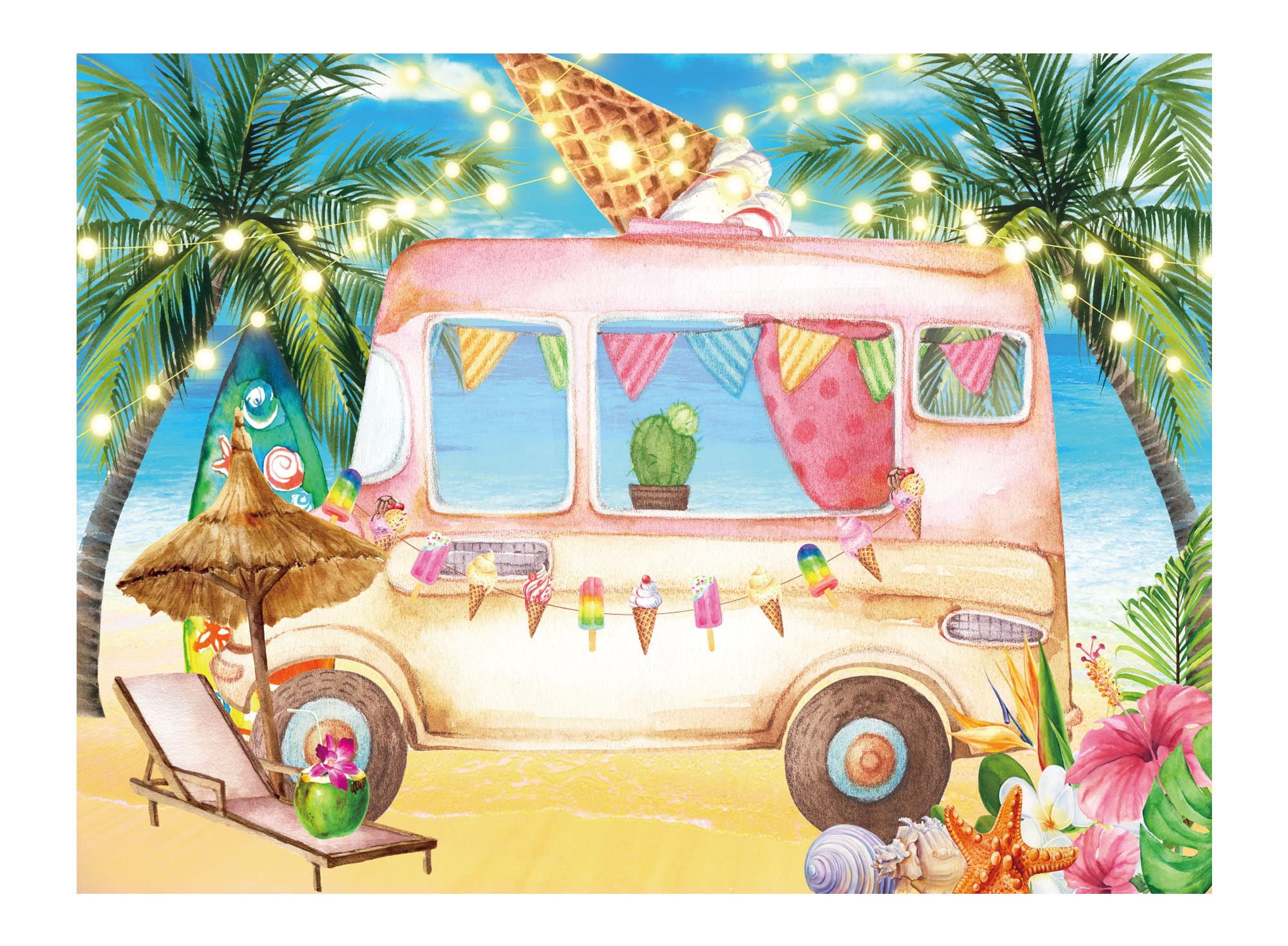 Allenjoy 8x6ft Ice Cream Truck Shop Backdrop Summer Ocean Seaside Palm Leaf Pink Car Photo Background Aloha Theme Birthday Party Honey Girls Baby