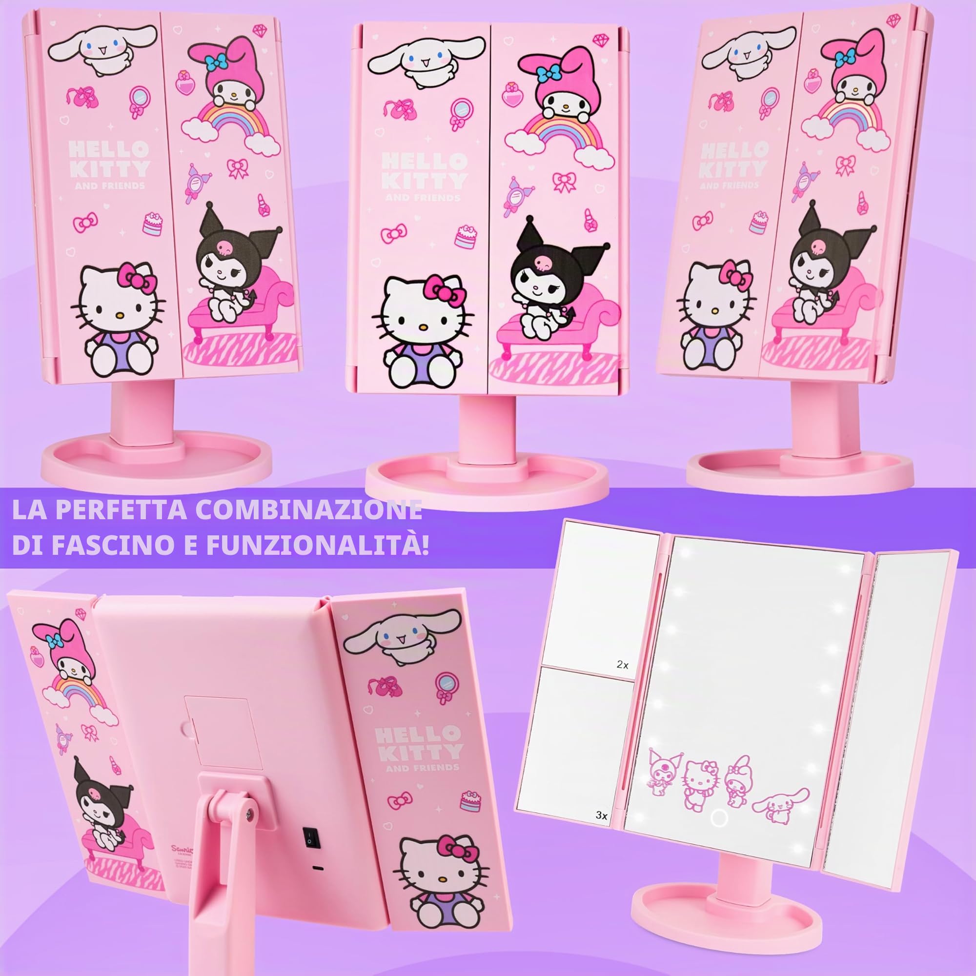 Get Trend Hello Kitty Sanrio Specchio Vanity con 16 LED Luci Tri-Fold Illuminare Specchi da Trucco con 3 Modalità Ingrandimento e Sensore Touch