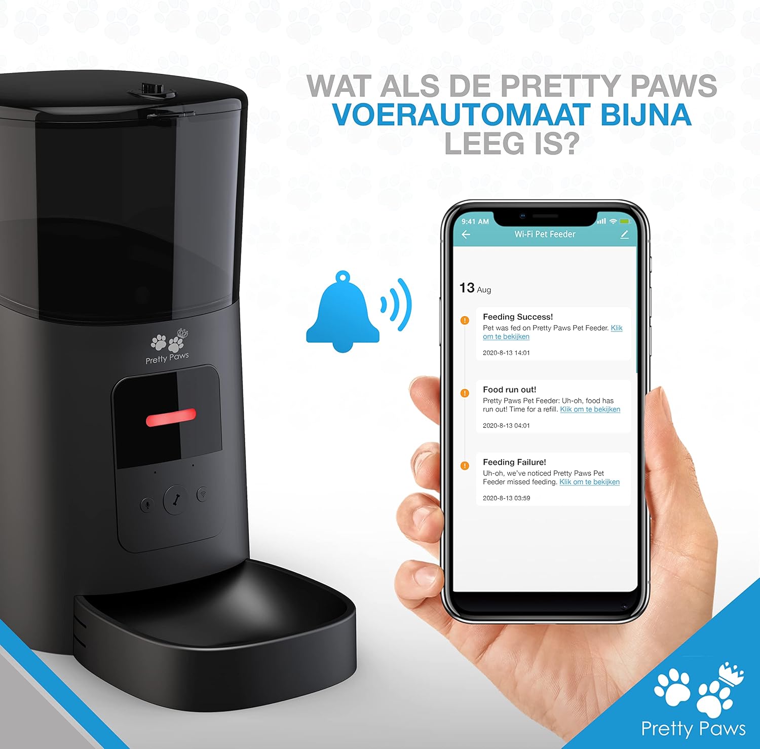 Pretty Paws PP005 pet feeder showing a red warning light and a smartphone displaying a 'Food run out!' notification