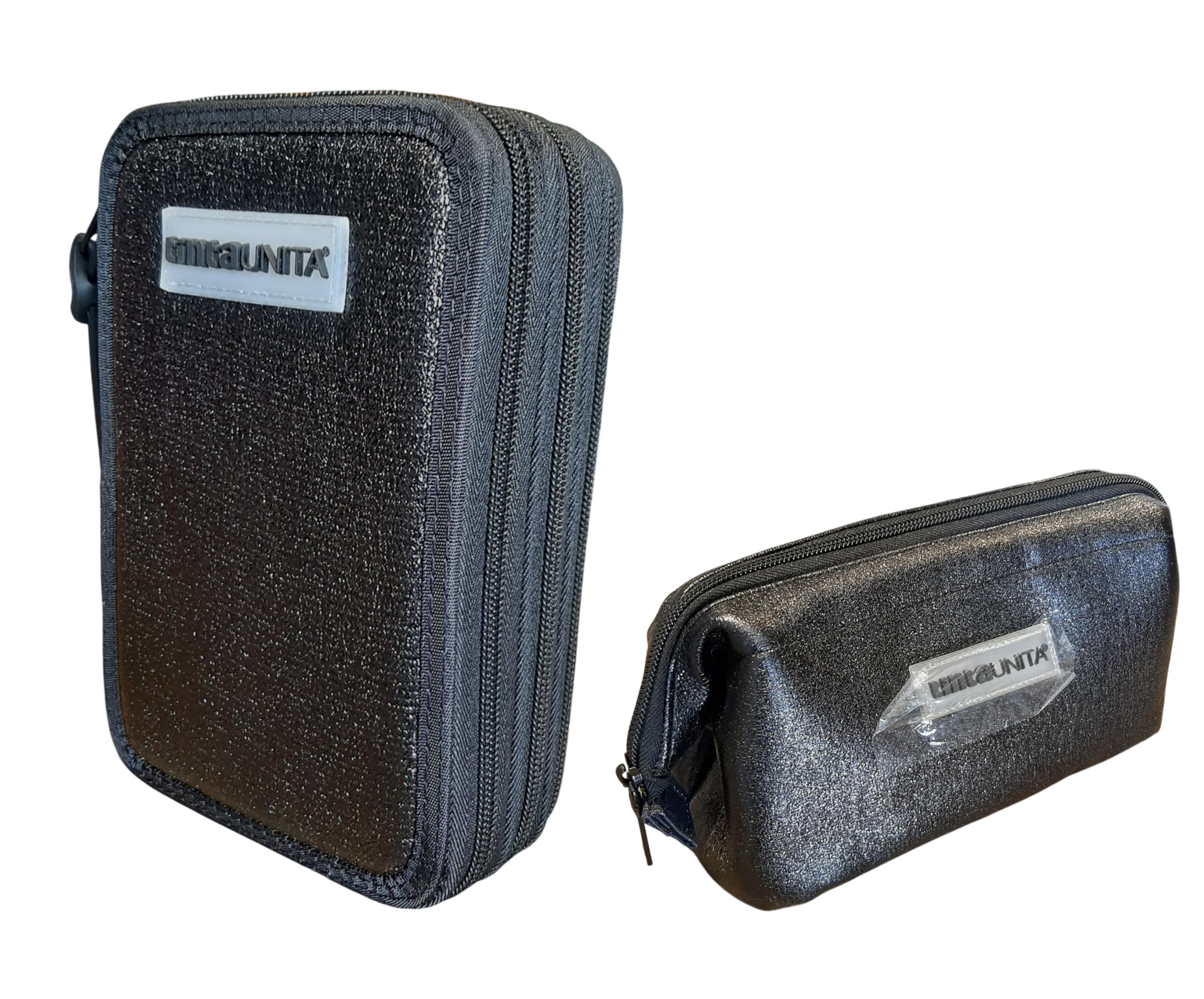 PRESTIGE & DELUXE Astuccio Corredo Tinta Unita Pool Over 3 Cerniere Nero glamour Elegant completo di cancelleria + astuccio bustona Zip per Scuola Bambina Ragazza + portachiave e penna colorata