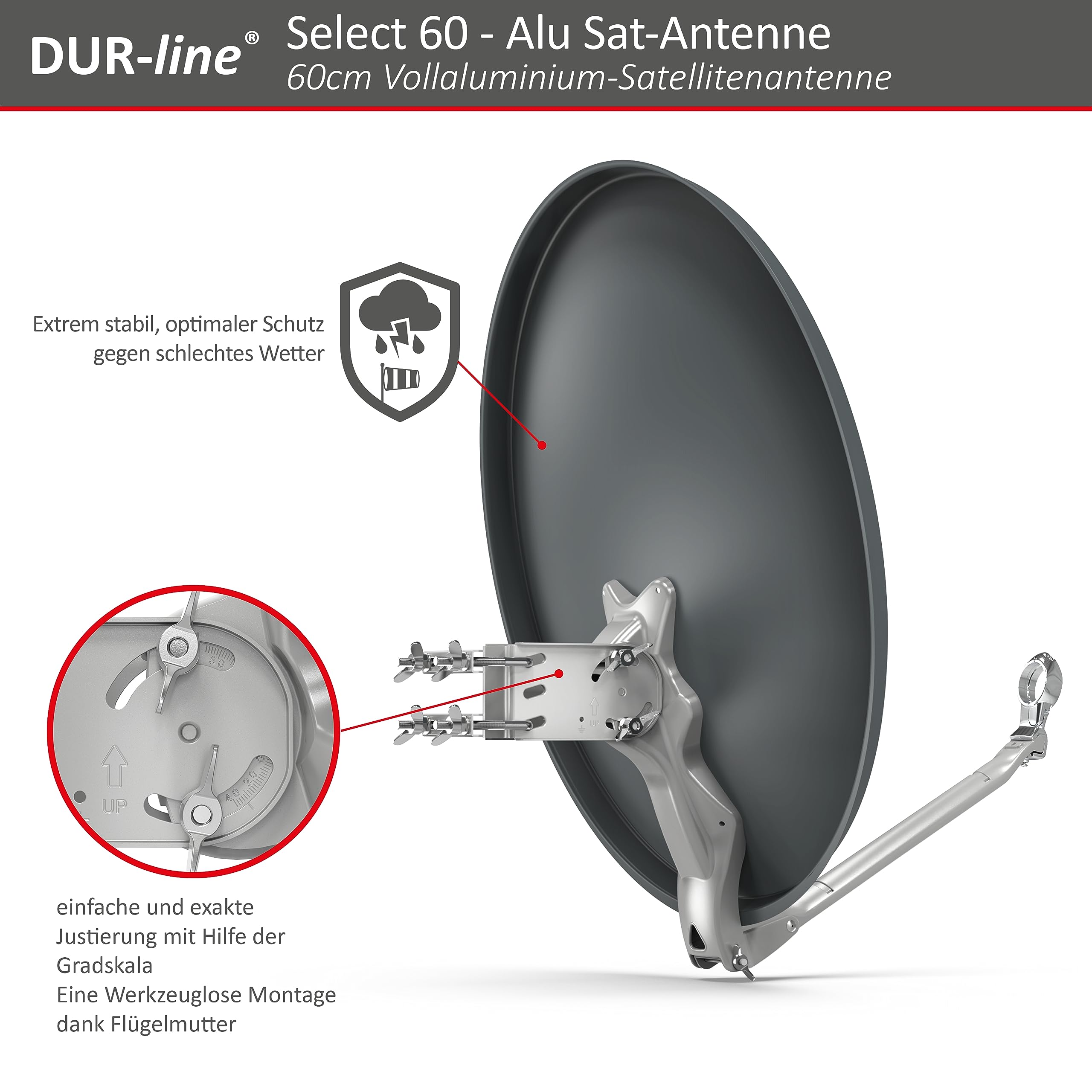 DUR-line Zestaw 2 odbiorników – wysokiej jakości zestaw satelitarny z aluminium – Select 60 cm/65 cm lustro/miska antracyt + Twin LNB – na 2 odbiorniki / TV [najnowsza technologia, DVB-S2, 4K, 3D]