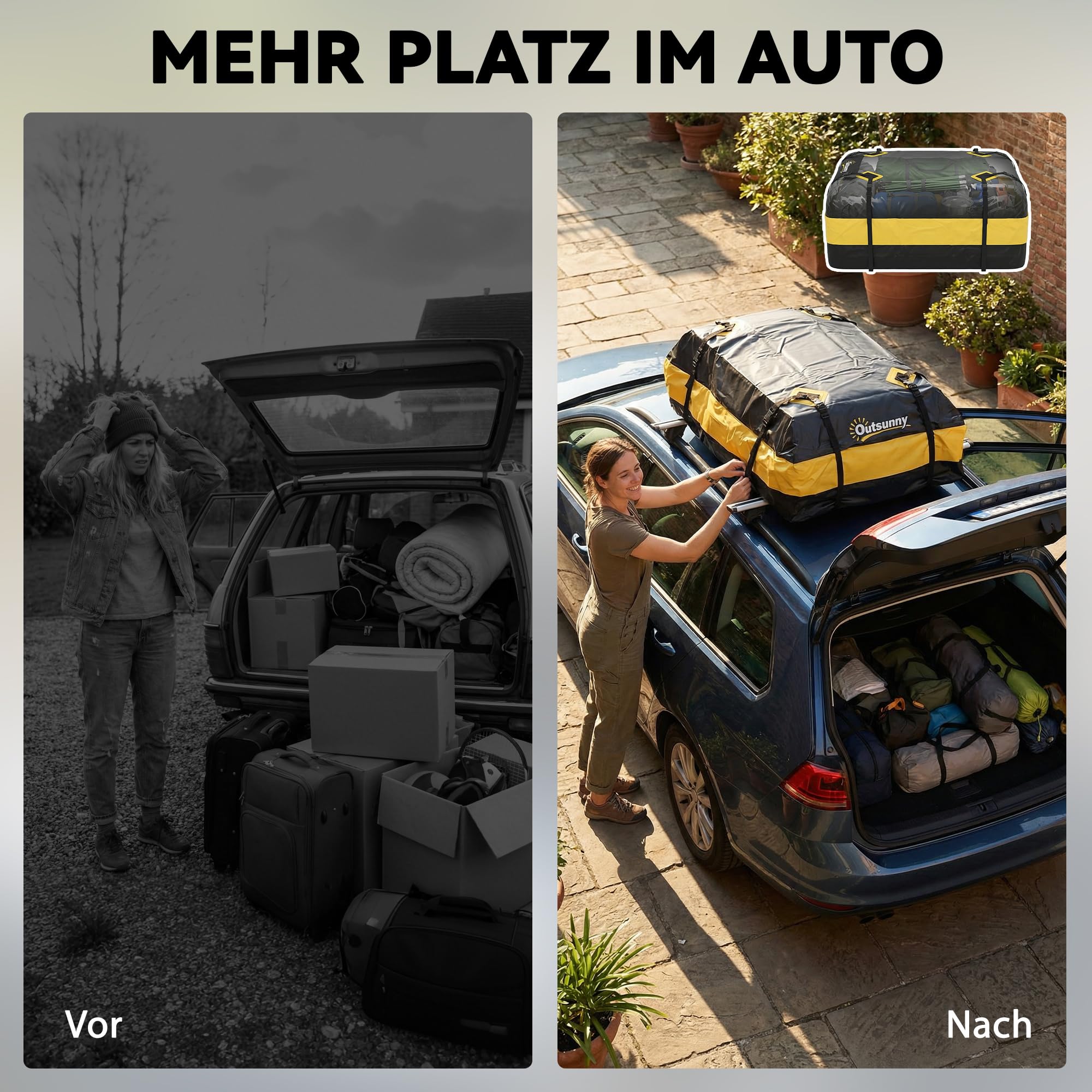 Outsunny Dachbox Auto 425L Wasserdicht 8 Verstärkte Gurte Türhaken Gelb | Dachgepäckträger Tasche, für alle Fahrzeugdächer mit/ohne Gepäckträger, Gepäckbox, Rutsch-Matte