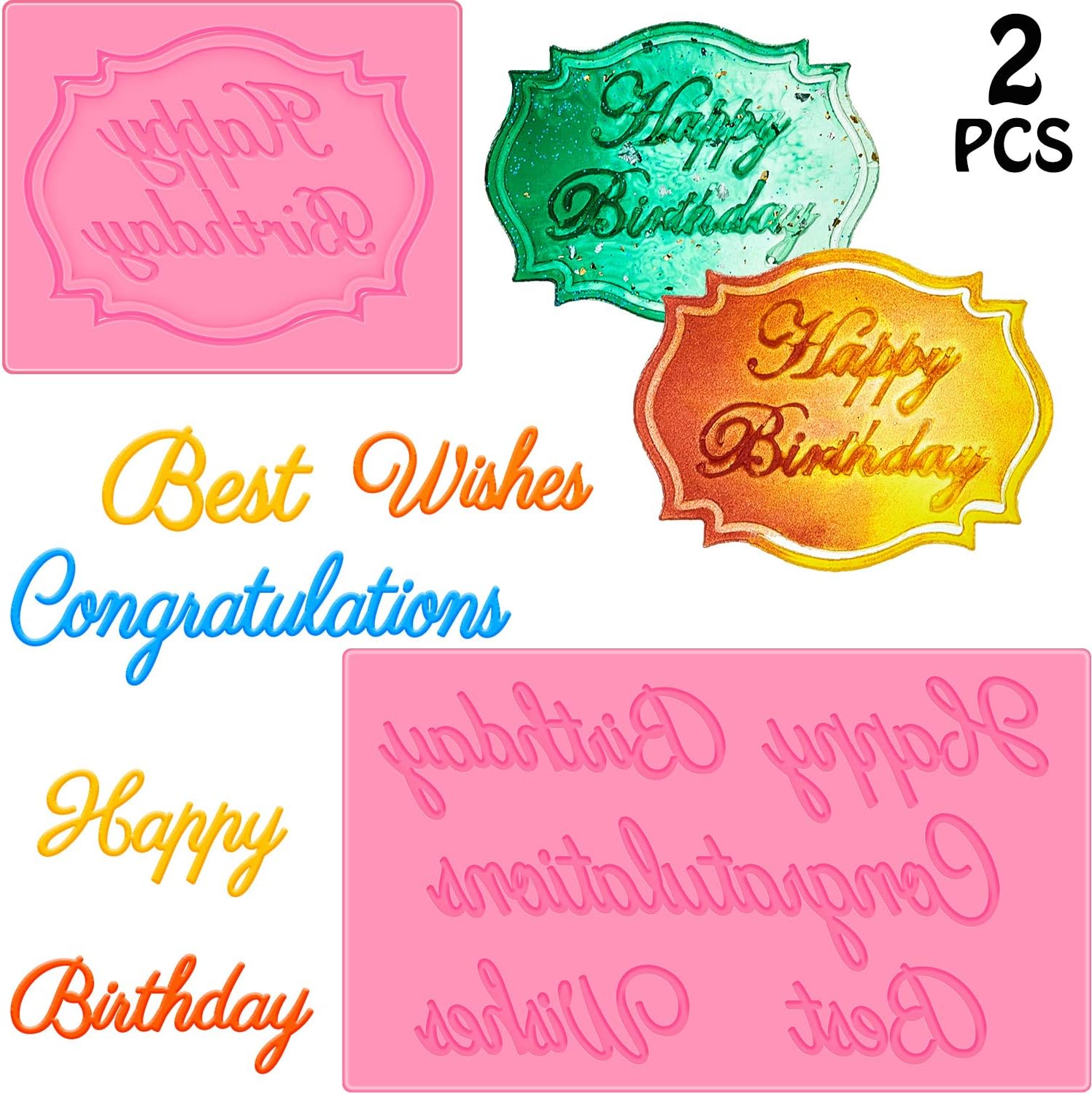 2 Pieces Letter Silicone Molds, Happy Birthday Alphabet Fondant Mold, Best Wishes Congratulation Cake Chocolate Candy Polymer Clay Mold