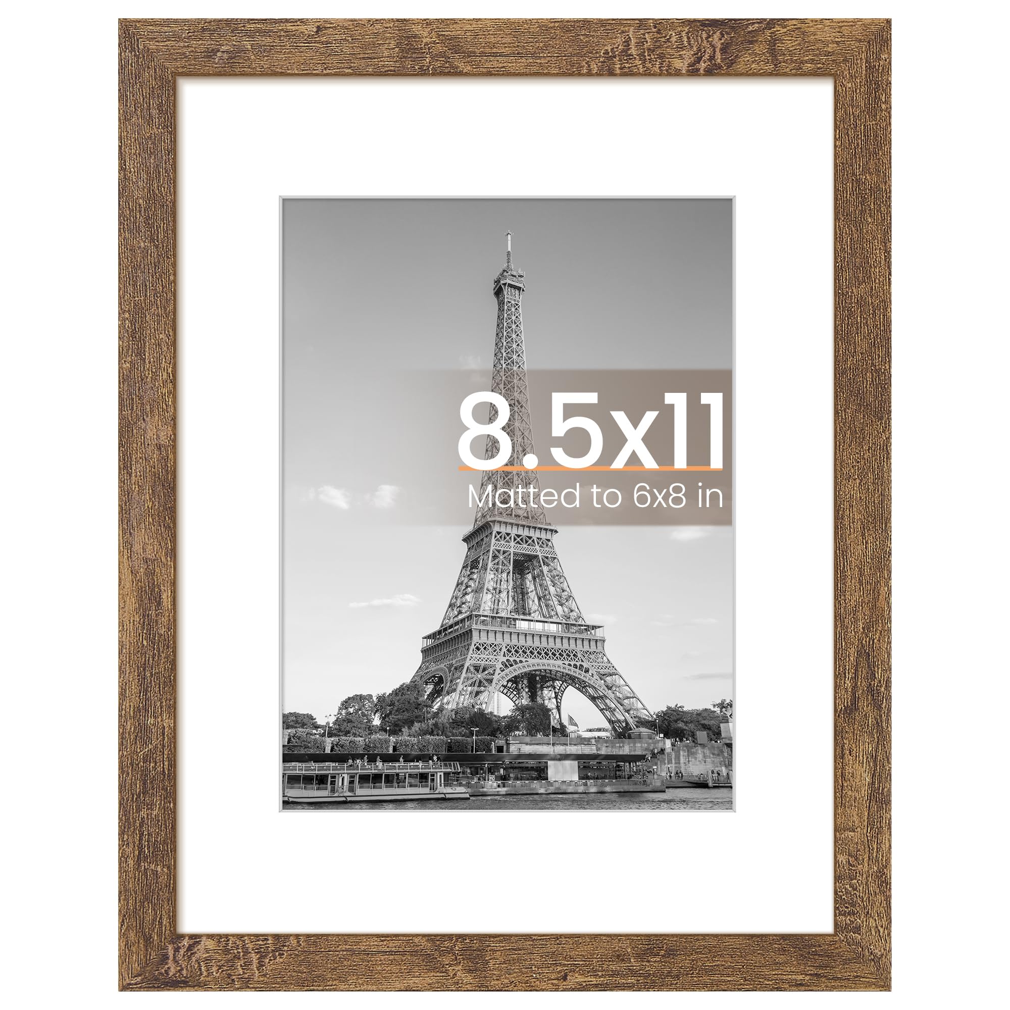upsimples 8.5 By 11 Picture Frame, Display Pictures 6x8 with Mat or 8.5 x 11 Without, Wall Hanging Photo Frames, Rustic Brown, 1 Pack