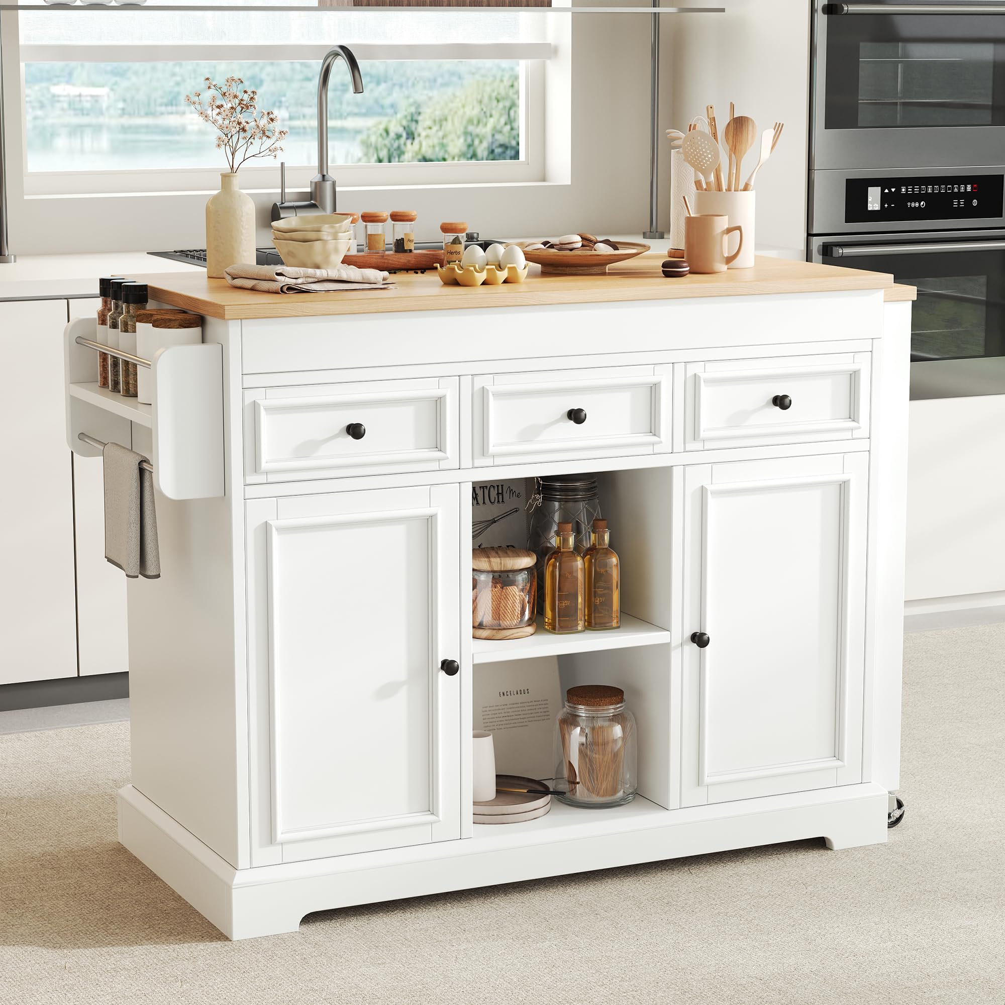 Merax Îlot de Cuisine sur roulettes Extensible 112–188 cm, Îlot Central Cuisine avec Plan de Travail Coulissant, Rangement Épices, Tiroirs et Placards, Îlot Cuisine Mobile Autoportant Blanc