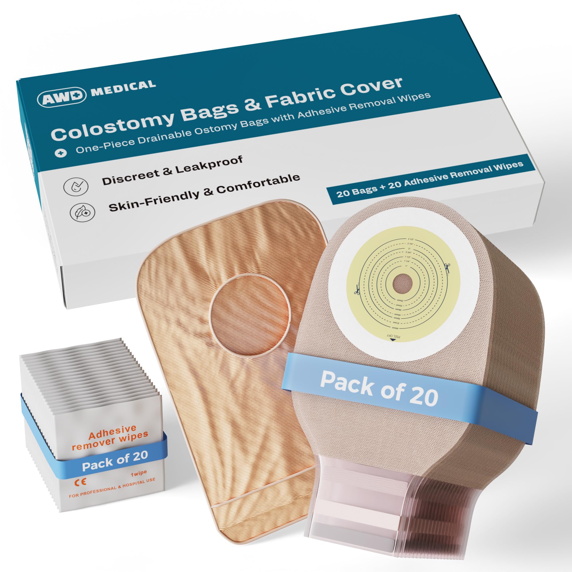 20 PCS Colostomy Bags – Ostomy Supplies - One-Piece Drainable Ostomy Bag with Odor Control for Ilestomy Stoma Care, Includes Measuring Guide, Ostomy Bag Covers, Adhesive Remover Wipes - Cut-to-Fit