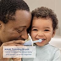 Vista 4 de MAM Juego de brochas para aprender a cepillar (1 cepillo de dientes para bebé, 1 cepillo de entrenamiento, 1 escudo de seguridad), cepillos de Azul