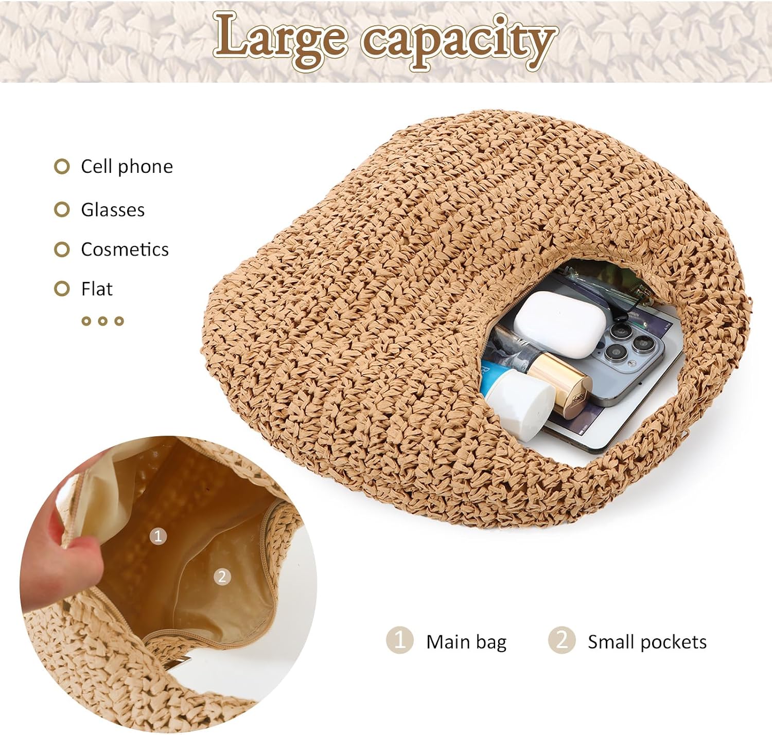 Fecialy Straw Bag for Women Crescent Shoulder Handbag Straw Summer Beach Tote Handbag Raffia Woven Hobo Bag
