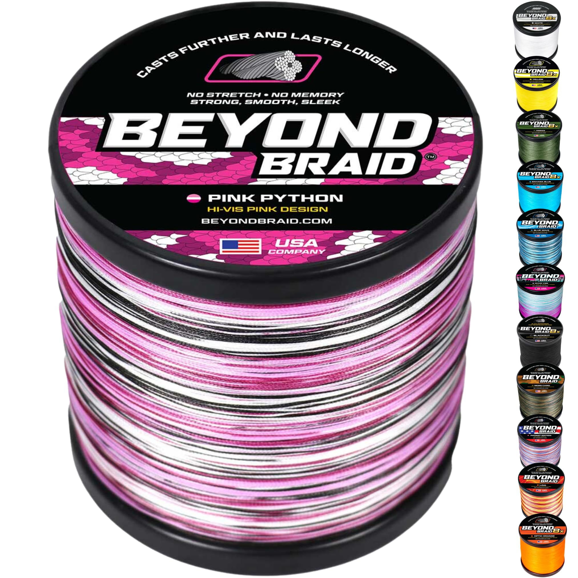 Beyond Braid Braided Fishing Line - Abrasion Resistant - No Stretch - Super Strong -Blue Camo, Moss Camo, White, Green, Pink, Blue, 4 Strand 8 Strand
