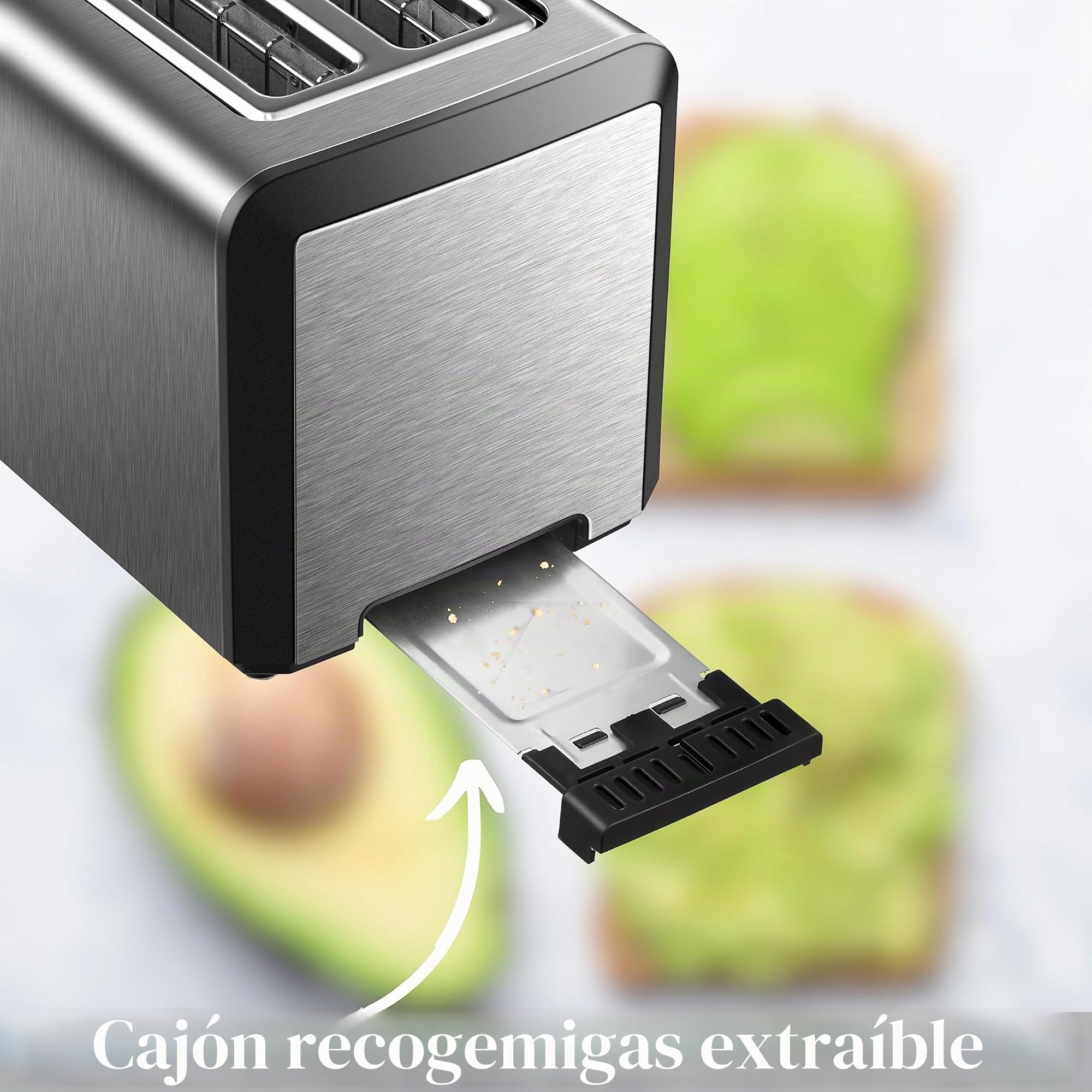 Tostadora XXL | 4 rebanadas | 1500 W | 6 niveles de control | accesorio para panecillos | función de descongelación | bandeja recogemigas | acero inoxidable