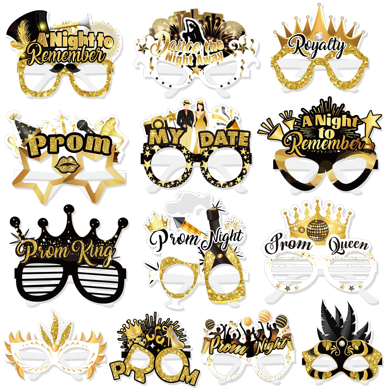 DPKOW 2026 Prom Party Glasses Paper, Black Gold Prom Eyeglasses Eyewear Graduation Glasses Night Photo Booth Props, Eye Masks 2026 Graduation Party Favour Supplies, 26pcs
