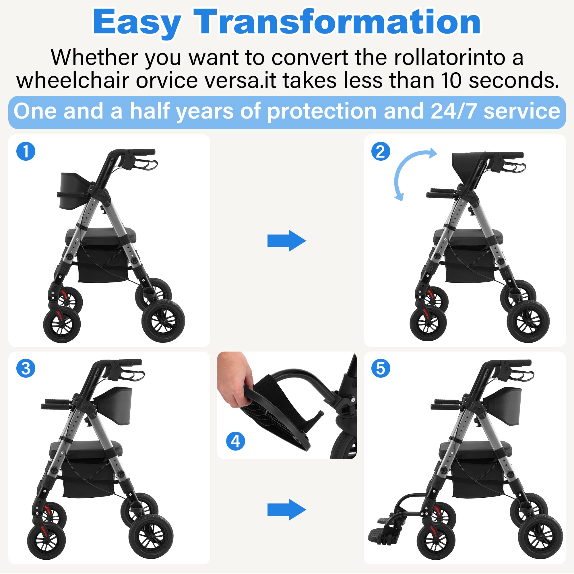 Heavy Duty Walkers for Seniors, 2-in-1 Rollator Wheelchair Combo — Amazon image 8
