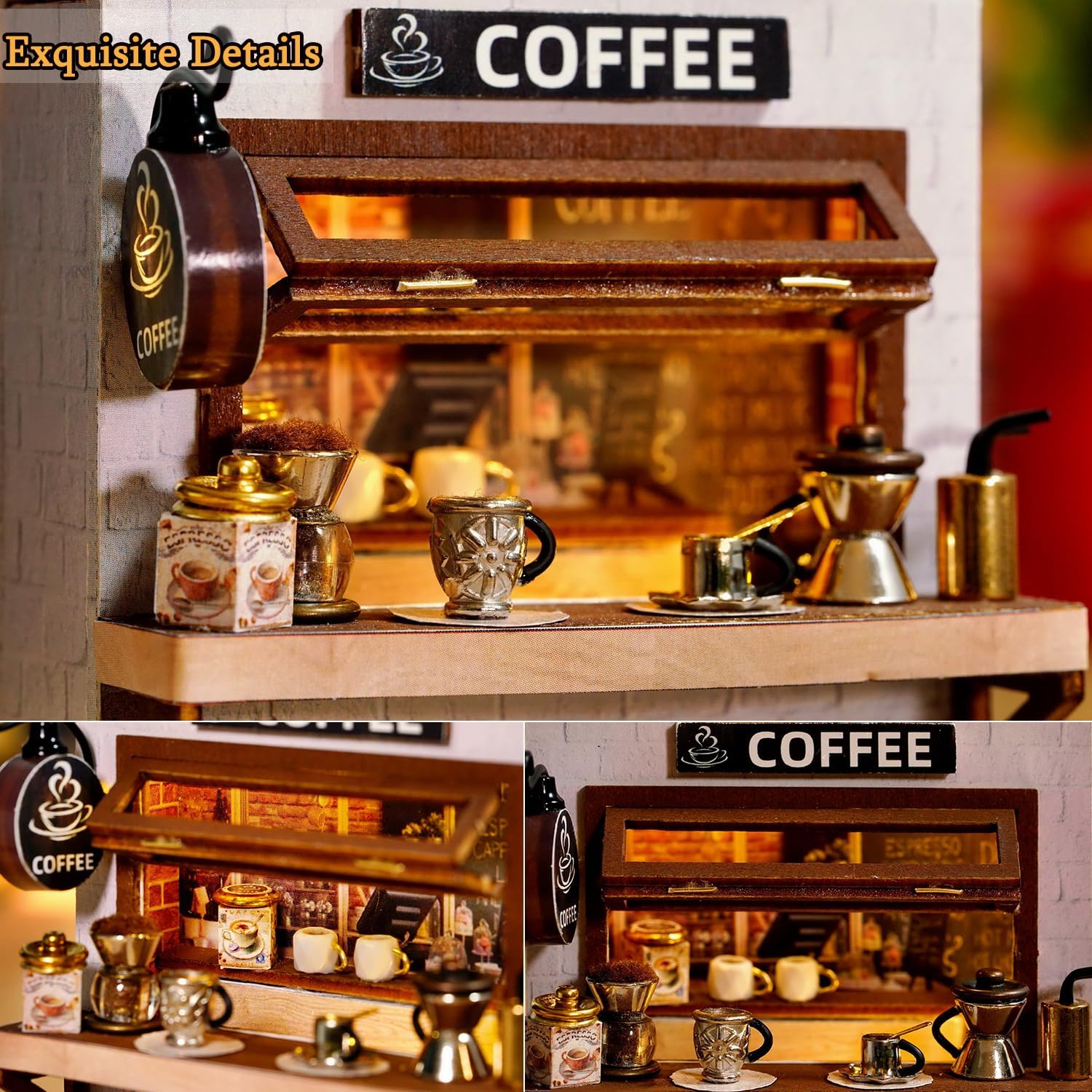 Yn agos view of miniature coffee shop details including bar stools and a coffee signboard