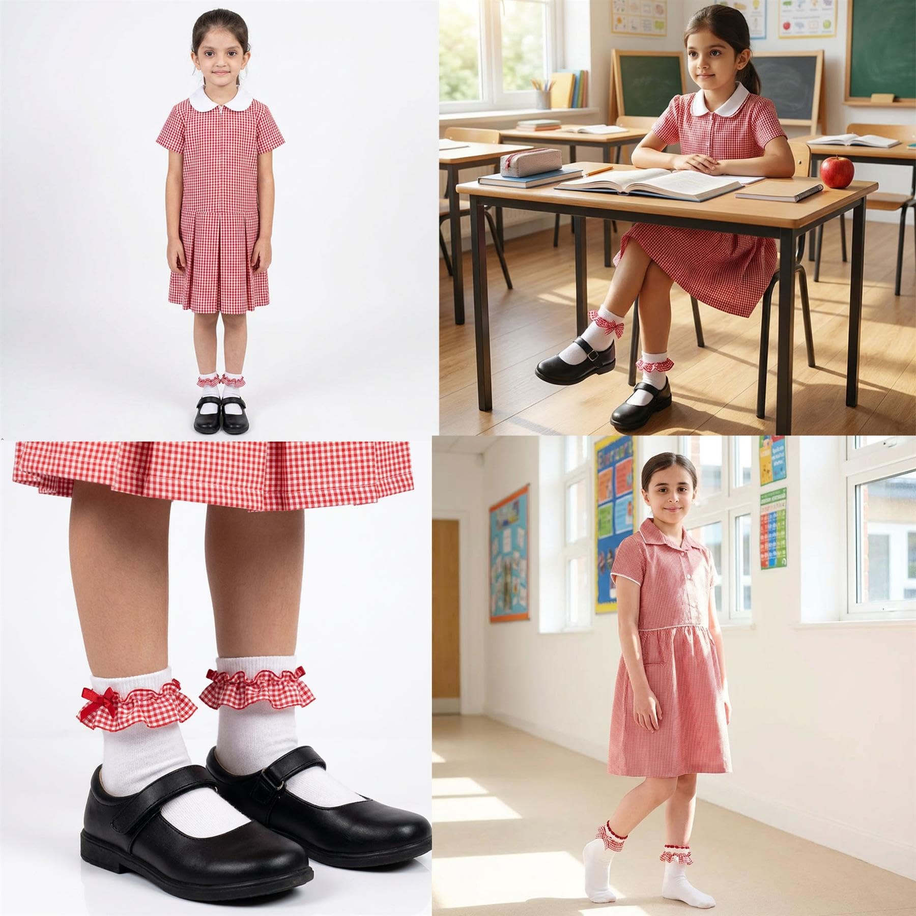 A2Z 4 Kids Lot de 3 paires de chaussettes à bordure en dentelle vichy pour filles en coton majoritaire avec volants et nœud, douces et respirantes, parfaites pour les tenues uniformes ou décontractées