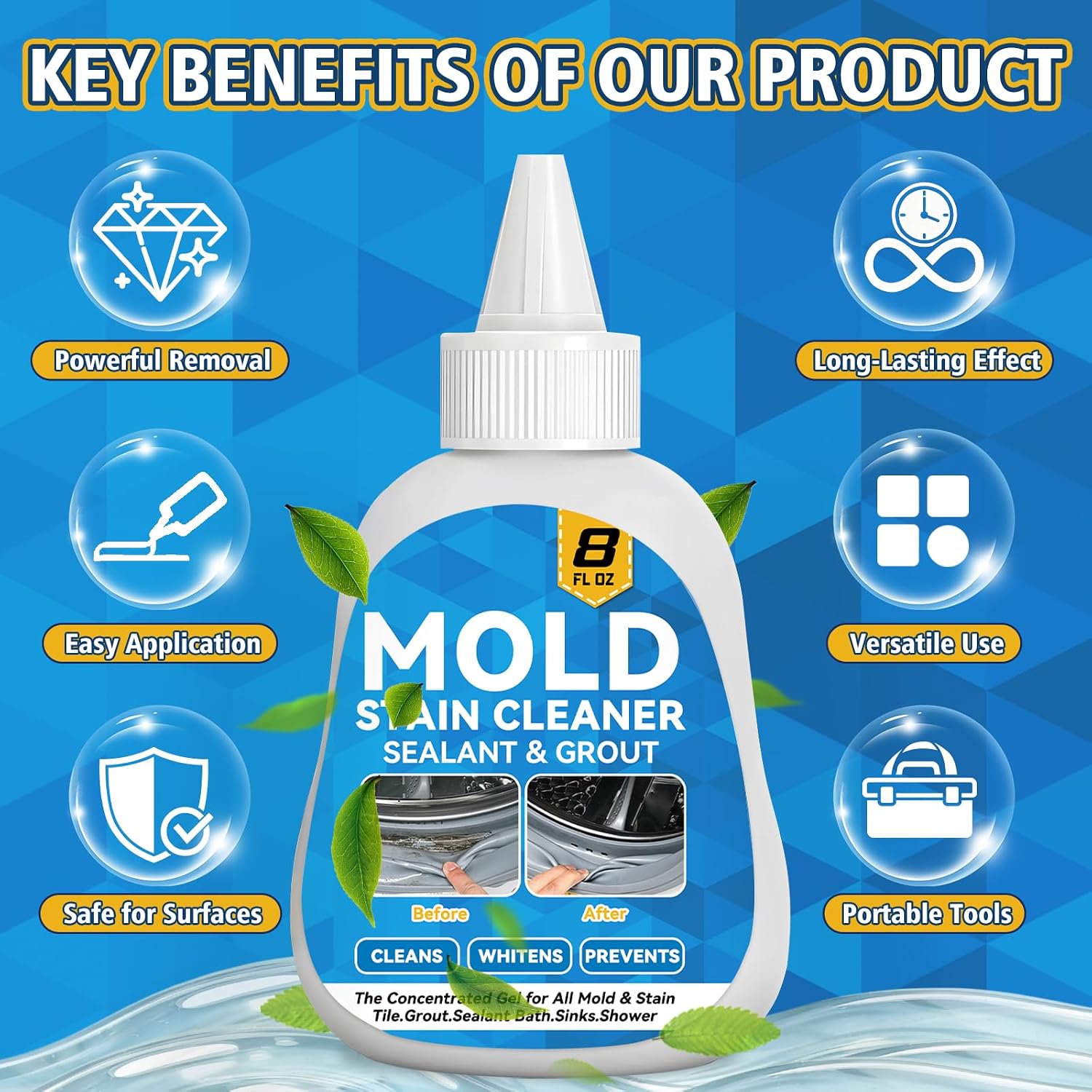 HouseMold Stain Cleaner Gel, 8 Fl Oz Washing Machine Cleaner with Brush, Mold Cleaner Gel for Front Loader Washing Machine Seal, Bathroom Grout, Kitchen Sink, Shower, Refrigerator Strip