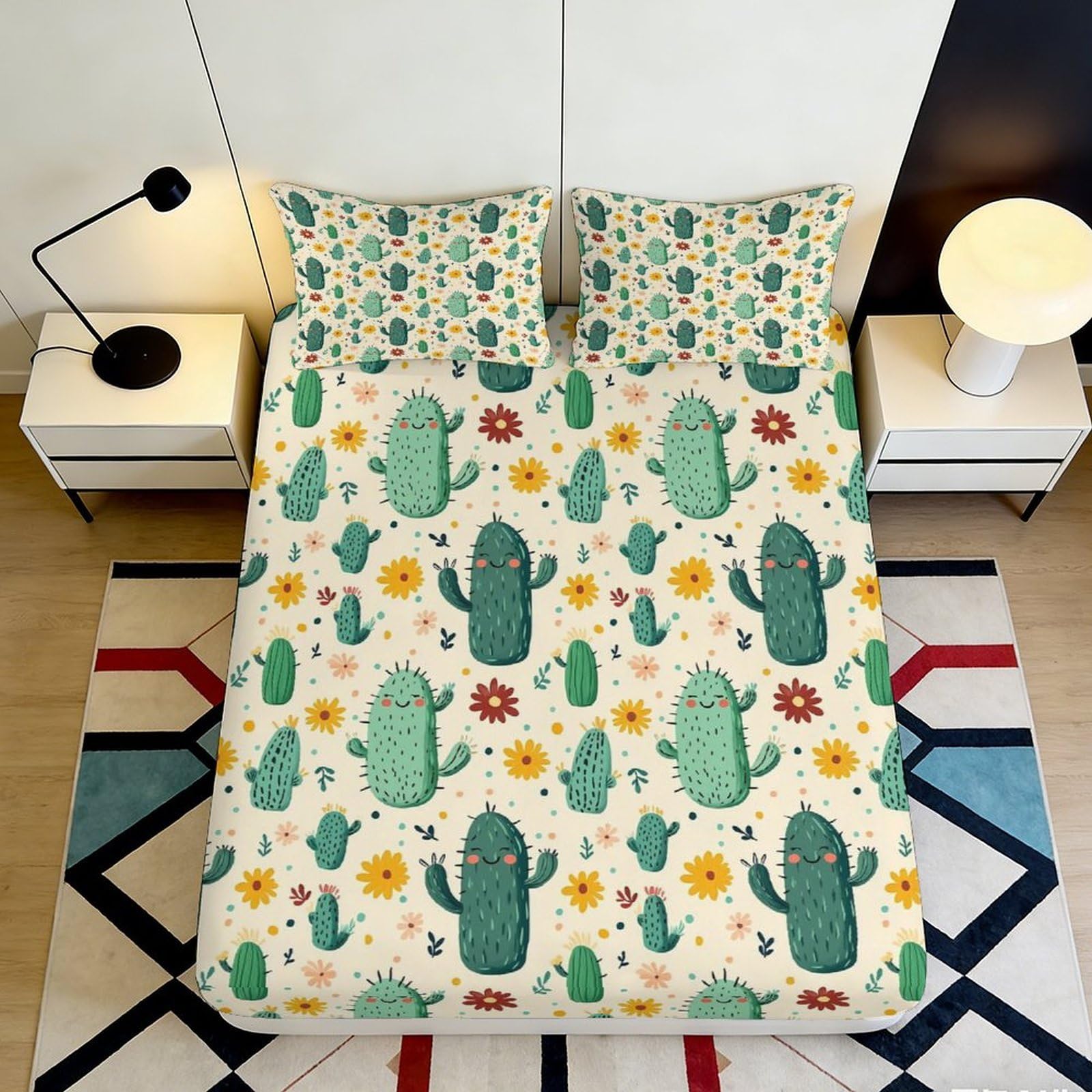 Dhbaneiok Style-7 3D Printed Cactus Sunflower Fitted Sheet Microfiber Soft Mattress Cover Anti-Slip For Bedroom Guest Room Decor 90X200x25cm