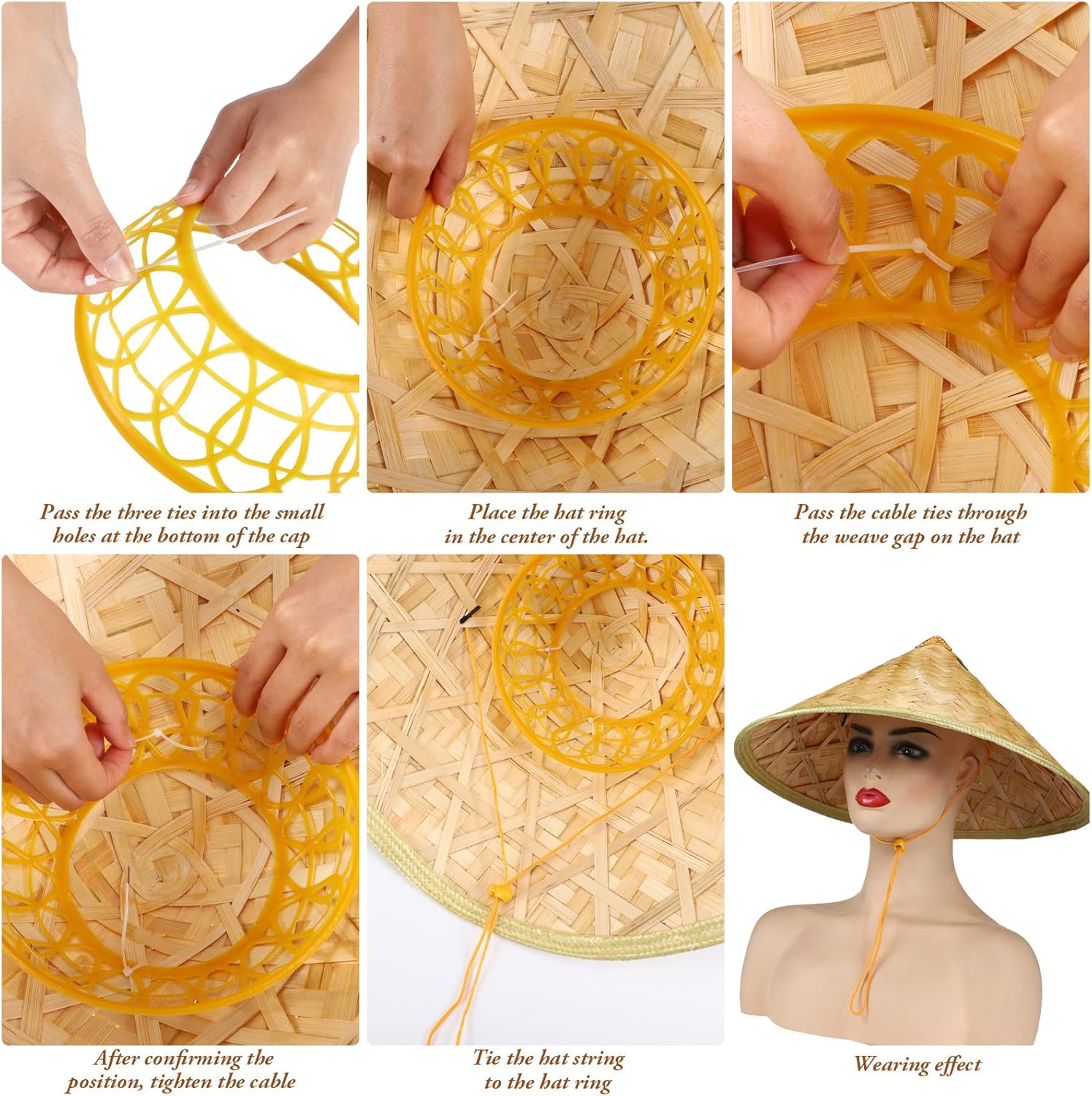 Miniatura 6 de 6 sombreros de bambú retro estilo chino tradicional sombrero de sol de arroz, hecho a mano, sombrero de paja asiático, sombrero cónico de bambú para