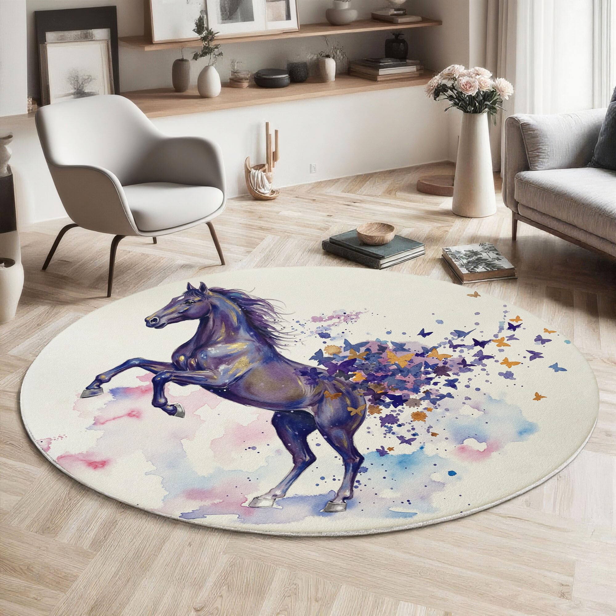 Tapis rond aquarelle cheval 100 cm : moquette lavable et antidérapante pour chambre