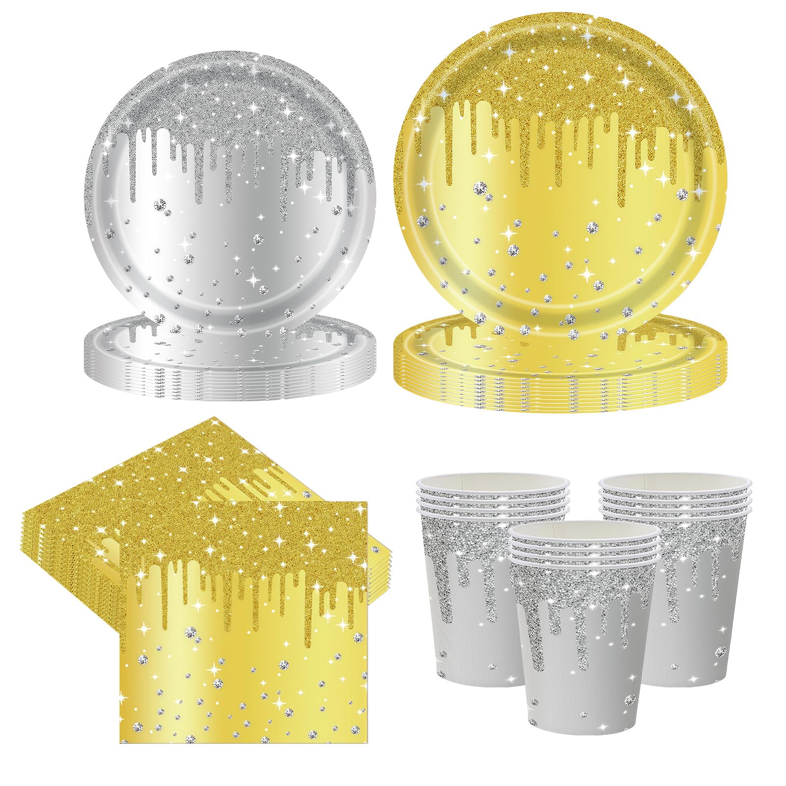 ZSYIULIA 80Pcs Gold and Silver Diamond Theme Party Tableware Set,Diamond 7inch 9inch Plates and Napkins Cups Table Cloth Sets for Garden Party, Afternoon Tea, Baby Shower, Wedding,Birthday Decor