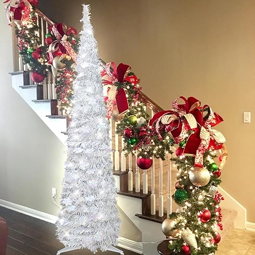 Miniatura 5 de Árbol de Navidad desplegable de 5 pies para decoración de interiores, mini árbol de Navidad preiluminado con 60 luces, árbol de lápiz artificial