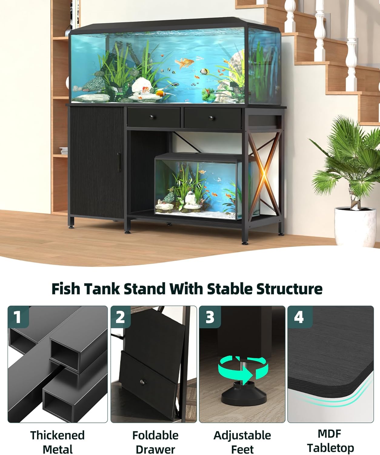 Fish Tank Stand for 55-75 Gallon Fish Tank: Aquarium Stand with Power Outlet - Metal 55 Gallon Tank Stand with Cabinet Drawer Storage for Turtle Tank, Reptile Terrarium (Black 1200LBS Capacity)