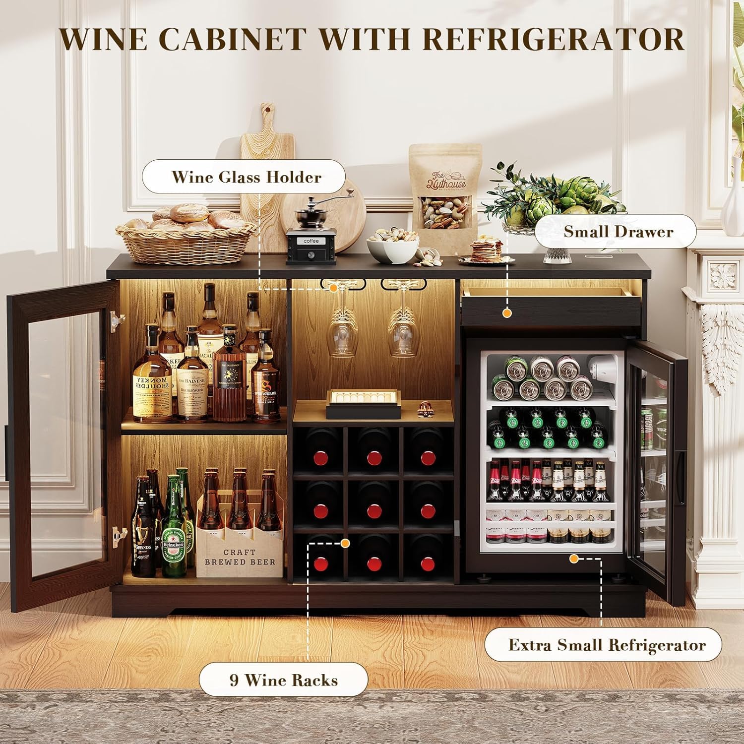 BROTTAR Meuble Bar à café avec réfrigérateur (Inclus), Grand Bar à Alcool avec lumières LED, Porte-Verres et casier à vin, Meuble à vin avec détecteur de présence, Buffet Enfilade pour la maiso