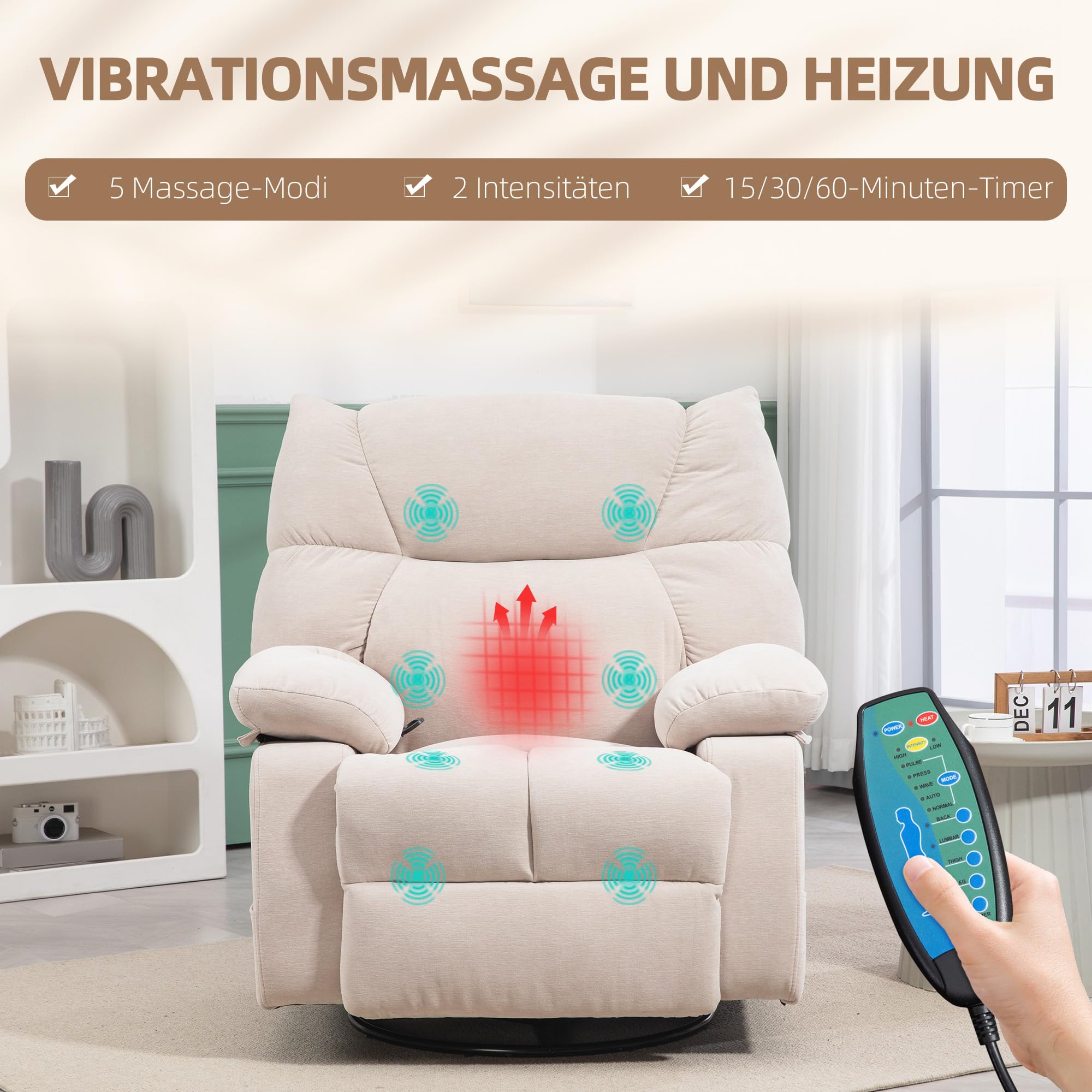 HOMCOM Relaxsessel mit Massagefunktion und 8 Vibrationspunkten, Beige | Fernsehsessel, Heizfunktion, Wippfunktion, Drehbarer Liegesessel, Fernbedienung, Seitentasche, Kunstleder