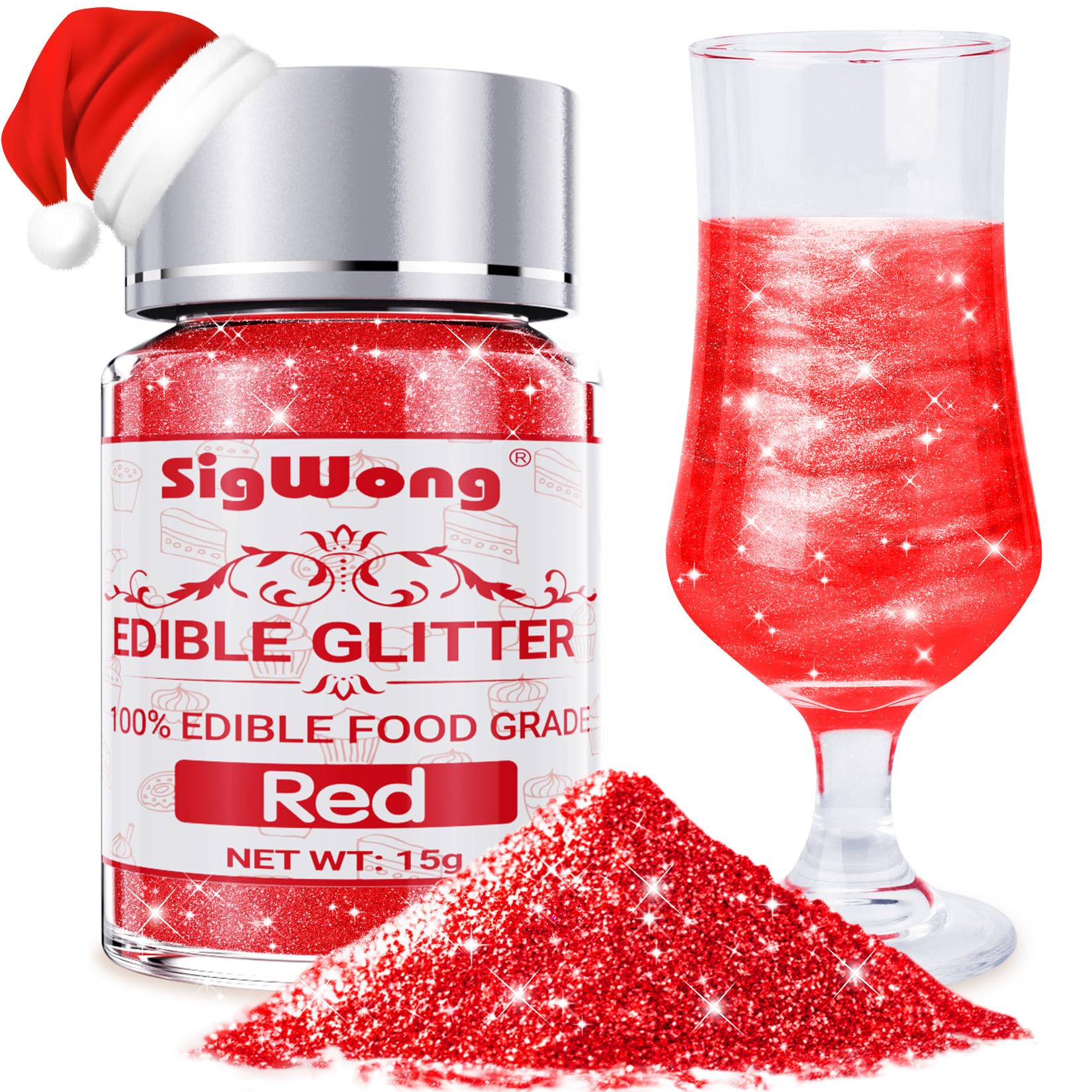 Red Edible Glitter - 15g Food Grade Luster Dust Powder, Cake Decorating Sprinkle Glimmery Dust for Drinks, Wine, Fondant, Chocolate, Candy, Christmas Cookie, Vegan