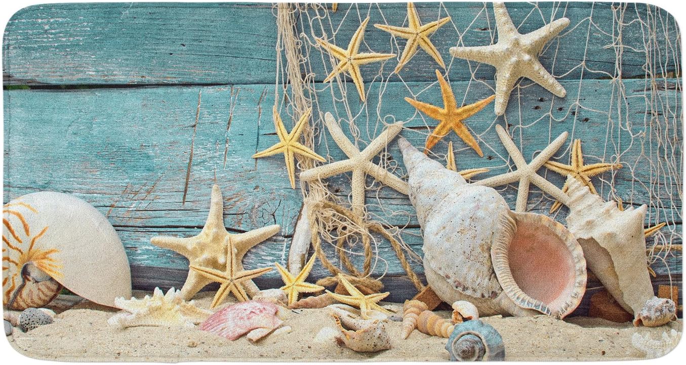 CIGOCI Anti-Skid Memory Foam Tub-Shower Mat - 18 x 36 Inch, Extra Absorbent, Soft, Duarable and Quick-Dry Shaggy Mat, 3D Print Seashells Starfish Floor Rugs Carpets