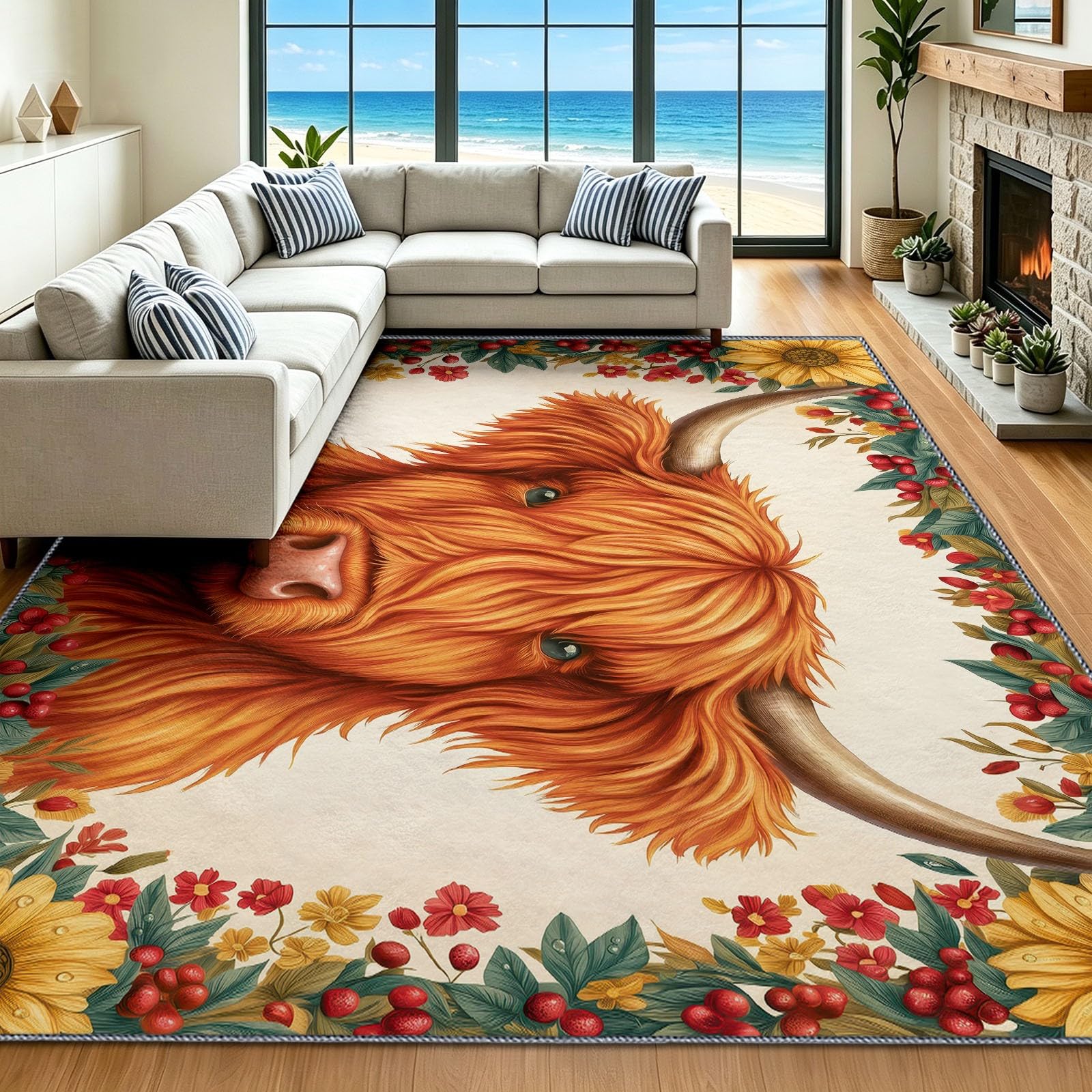 Tapis pour Chambre Animal Champêtre 120 x 180 cm, Tapis Antidérapant Vache Highlands Tournesol Baies Modèle, Poils Courts Doux Lavable Moquette Décoration pour Salon Chambre Cuisine et Couloir