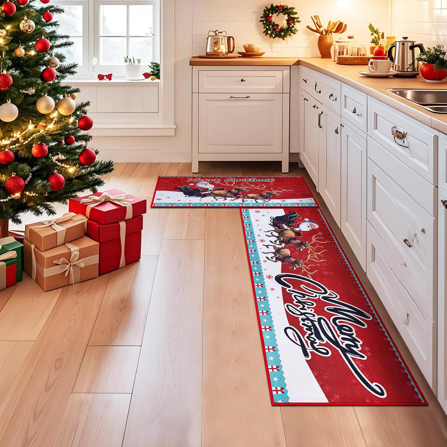 Christmas Kitchen Rugs, Set of 2 Kitchen Floor Mat Christmas Decorations for Home, Non-Slip Anti Fatigue Kitchen Mats (17"x47"+17"x29", Reindeer & Santa Claus)