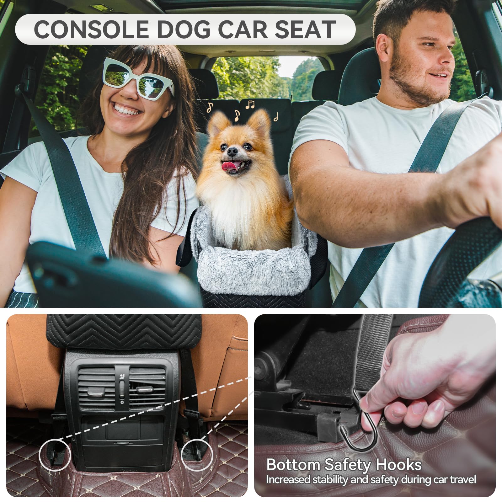 PETSFIT Hundesitz Mittelkonsole Auto, tragbarer Autositz Hund Mittelkonsole mit sicheren Schutzhaken, luxuriöser Hunde Autositz mit verbesserten Sicherheitsgurten für Kleine Hunde bis zu 5KG,Schwarz