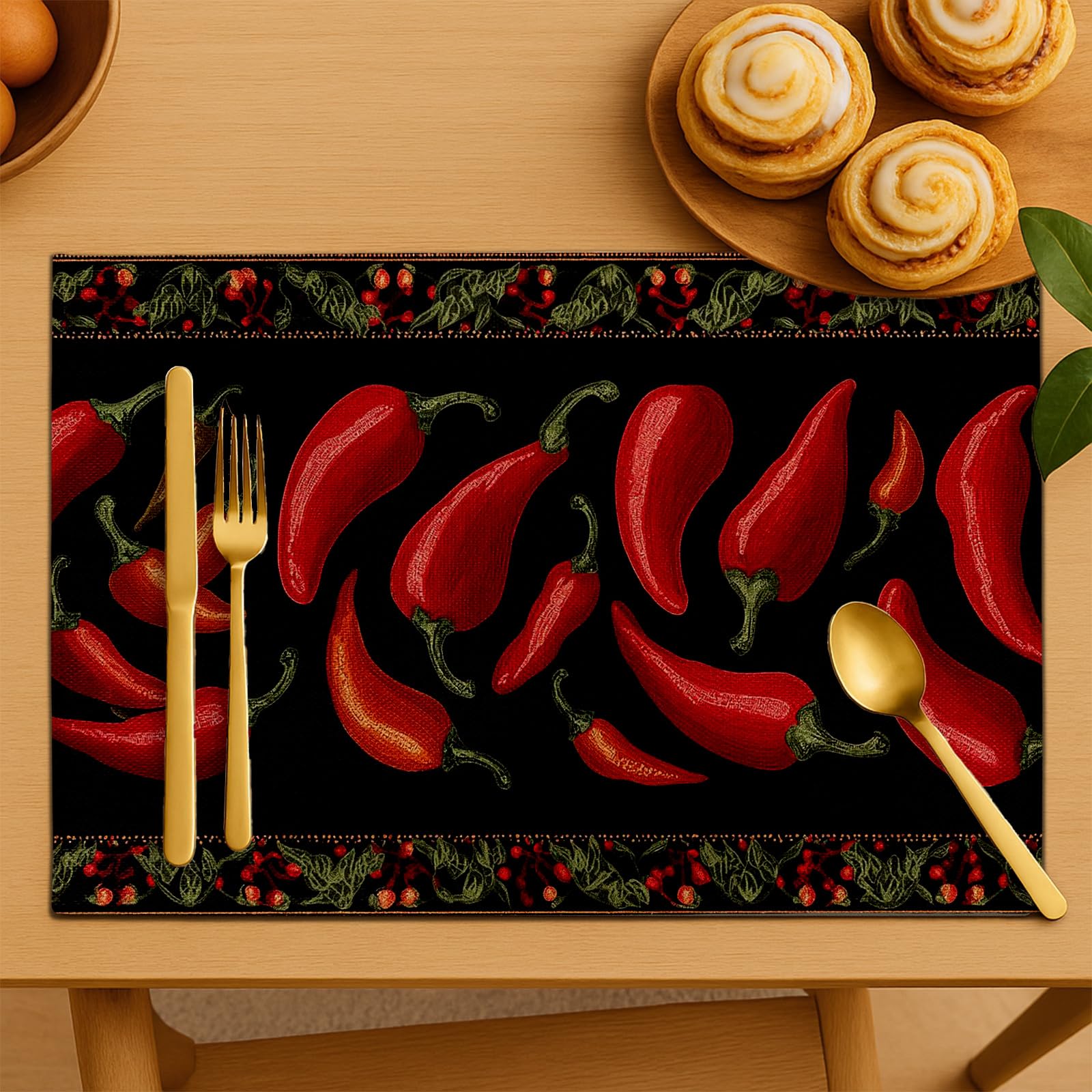 Juego de 6 manteles Individuales con Estampado de Chiles Rojos Vibrantes,