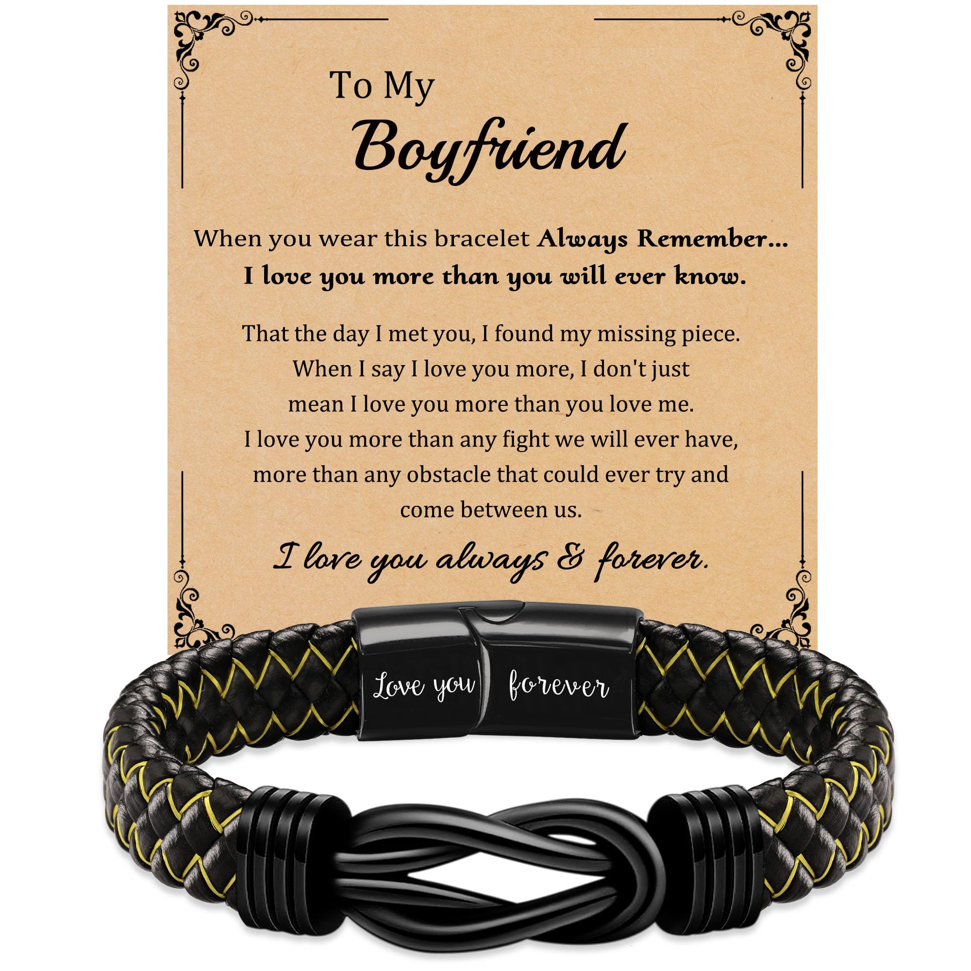 DONYUDE Fathers Day Gifts Leather Bracelet for Men Black Braided Infinity Bracelets for Him Dad Grandson Love You Forever Gift Bracelets for Boyfriend Husband Son 7.5"-9"