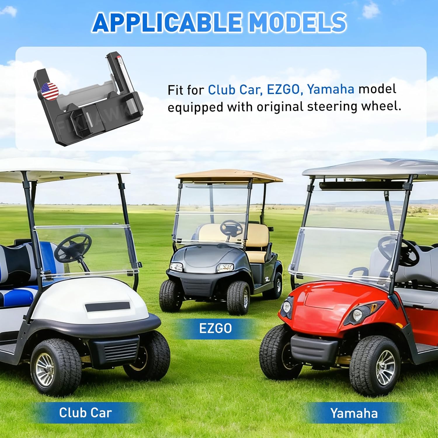 Golf Cart Steering Wheel Cell Phone Mount, Flip Up Phone Holder for Club Car, EZGO, Yamaha Golf Cart Original Steering Wheel