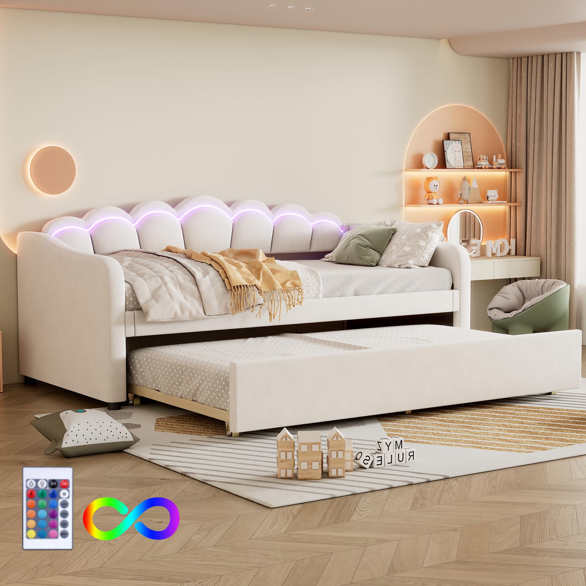 Letto da giorno, 90 x 200 cm, con letto estraibile, divano letto, letto singolo, velluto, luce ambientale che cambia colore, senza materasso (Beige)