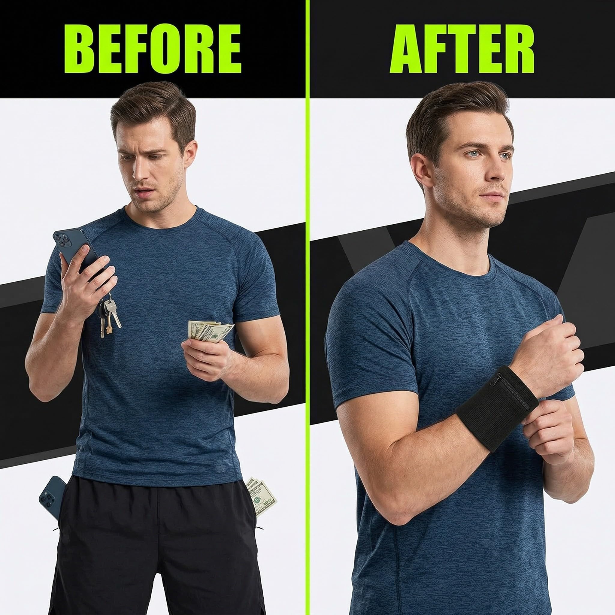 Lot De 2 Bandeaux Poignet éponge Avec Poche Zippée – Anti-transpiration, En Coton, Pour Clés Et Monnaie, Fitness, Running, Jogging, Noir