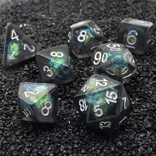 Miniatura 5 de Haxtec DND - Juego de 7 dados de resina color negro con inclusión de Mylar iridiscente, dados poliédricos D&D para juegos de rol, compatibles con