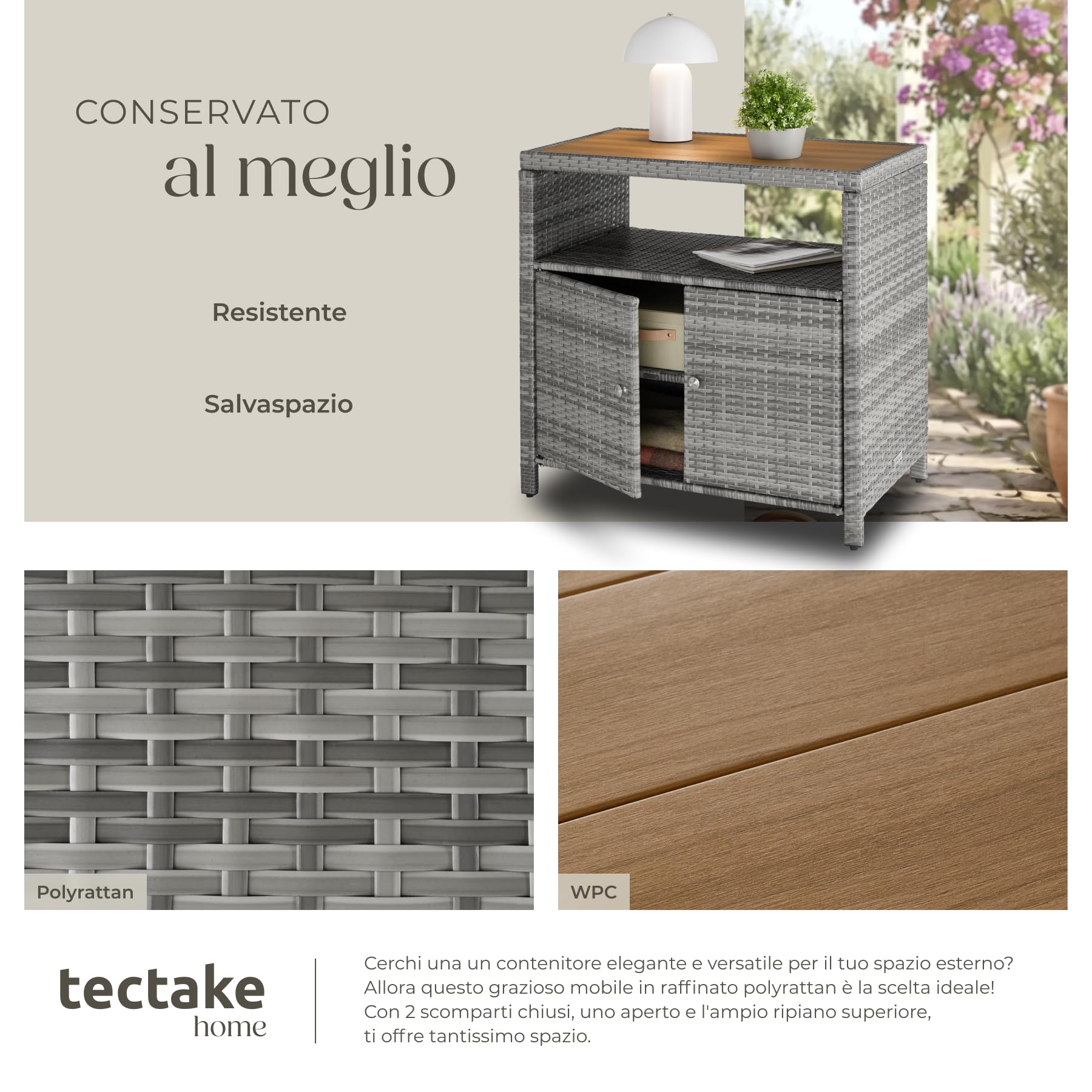 tectake® Armadietto da Giardino in Rattan e WPC, 90 x 55,5 x 87 cm, Mobile da Esterno, 2 Ante, Vano Aperto, Resistente alle Intemperie, Piedini Regolabili, Ideale Arredo Giardino e Terrazzo - Grigio