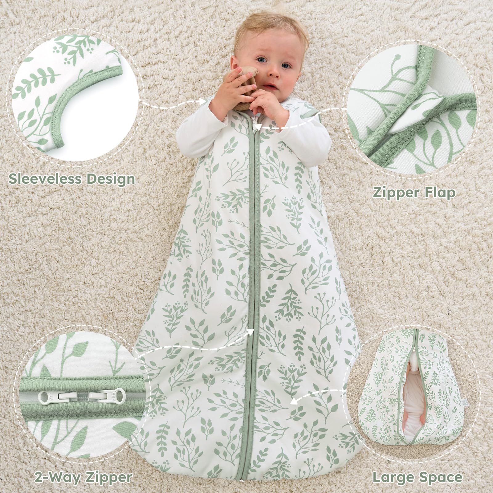 Yoofoss Saco de Dormir para Bébé 1.5 TOG Algodón Todo el año Primavera Otoño Dormir para Unisex Niñas Niños 0-6 Meses Saco de Dormir 67 cm- Hojas