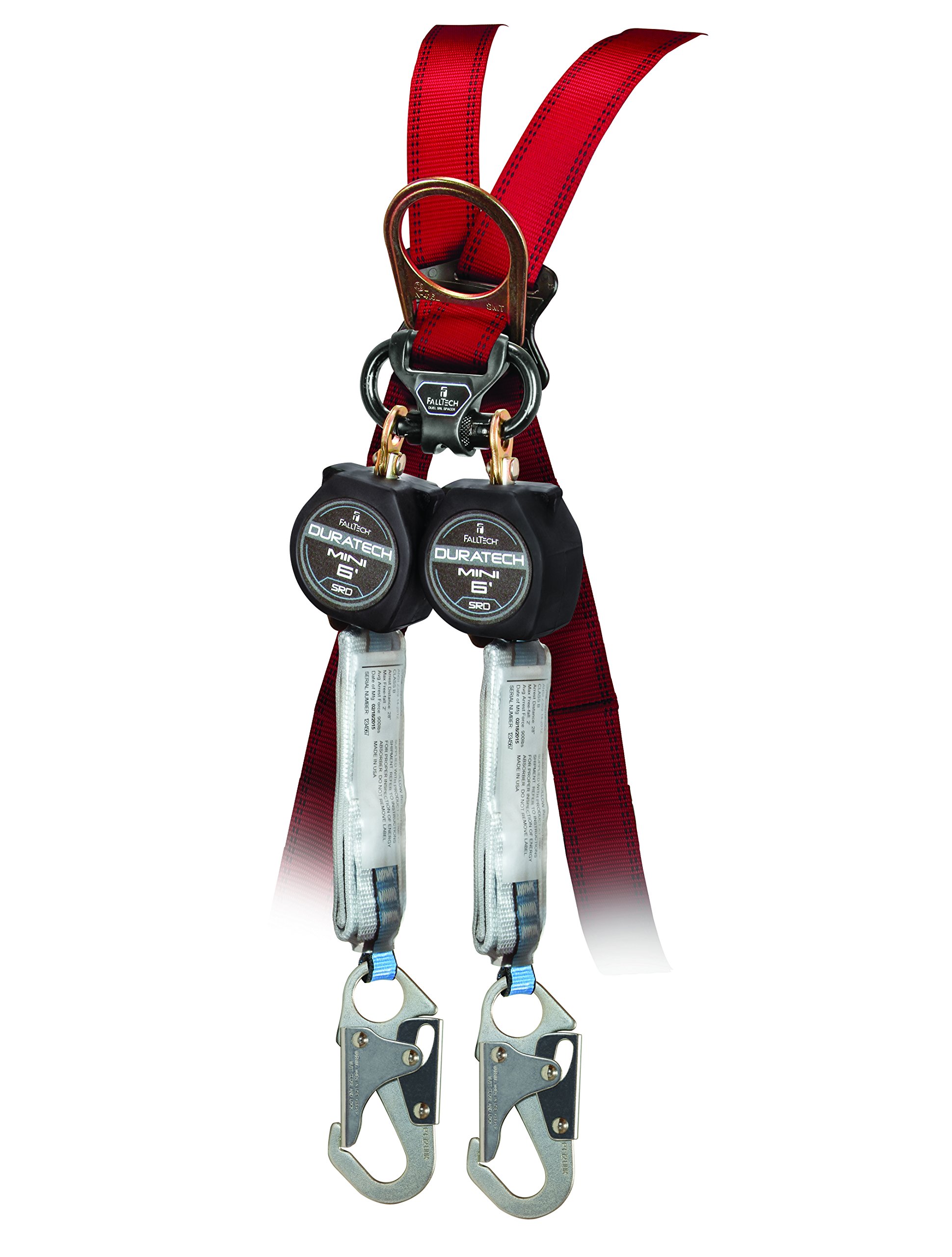 FallTech72706TB1 MINI DuraTech 6' Compact Web Self-retracting Lifeline - 6' Mini SRD Twin-Leg Carabiner with Alignment Clip and Steel Snap Hooks, 6', Black