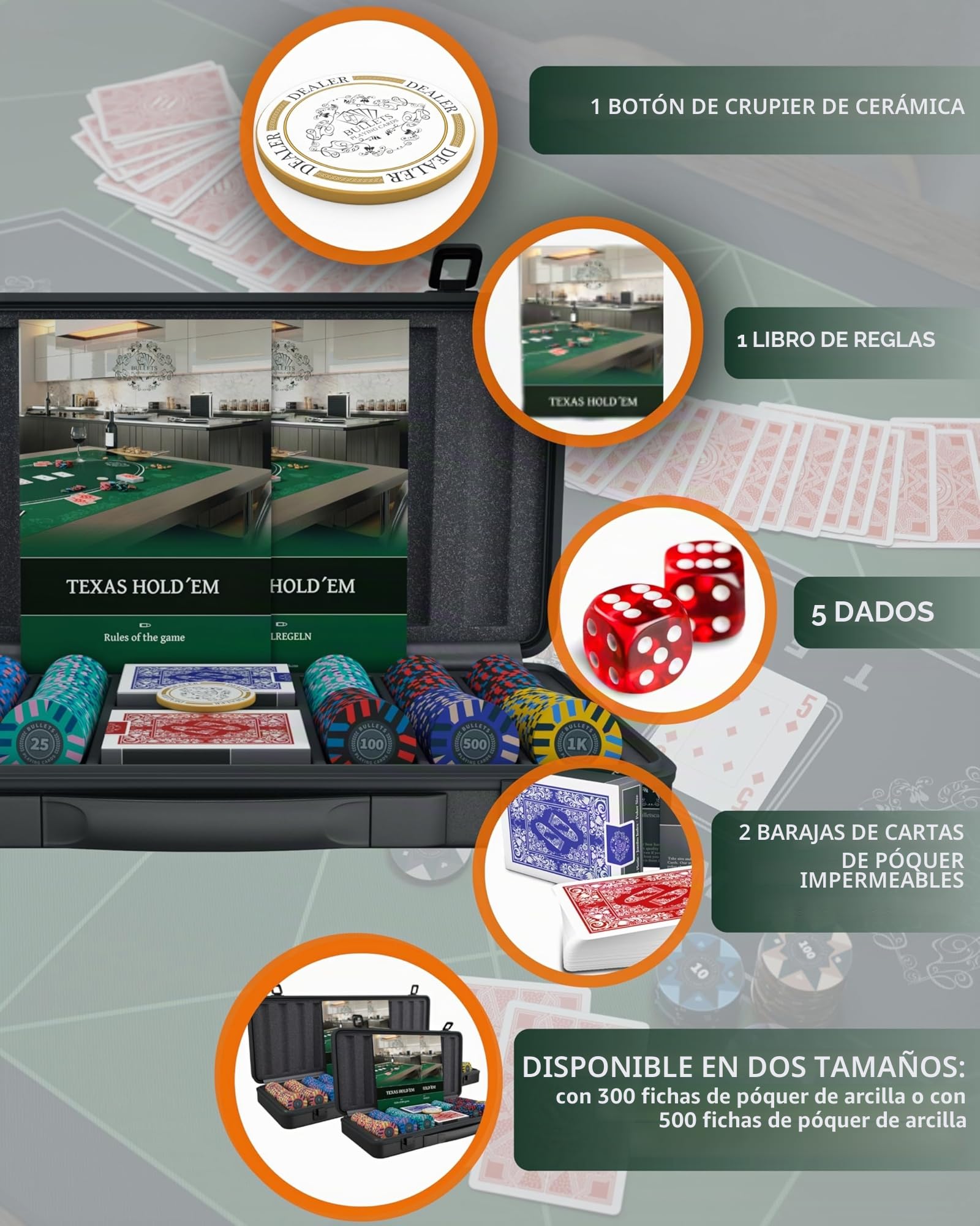 Bullets Playing Cards | Maletín de Póker 300 fichas de arcilla sin núcleo metálico 10 g – Estuche completo con cartas, dados y botón de repartidor de cerámica – Diseño Salvatore