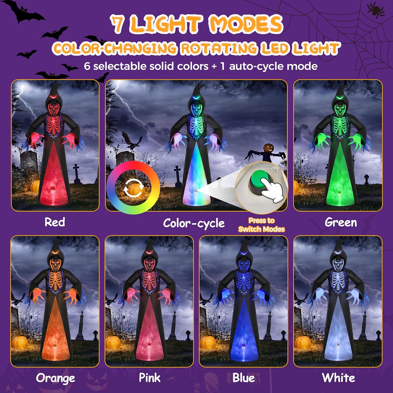 Elegear 12FT Grim Reaper Skeleton Halloween Inflatable Blow Up Decorations | 7-Mode RGB Glow, PIR Motion-Activated Screaming, Giant Ghost Inflatable, For Outdoor Yard Lawn Party Garden Porch