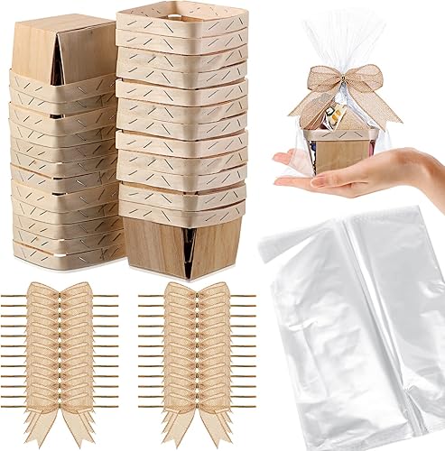 Kigley Juego de 24 cestas de regalo de madera vacías de 4 pulgadas, canasta de bayas de imitación de yute, bolsas transparentes para dulces para