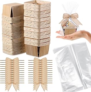 24 Set Mini Wooden Gift Baskets with Cellophane Bags Bows(4 Inch,Brown) | Small Empty Berry Baskets for Fruit Picking, Picnic, Birthday, Baby Shower, Wedding Party Favors