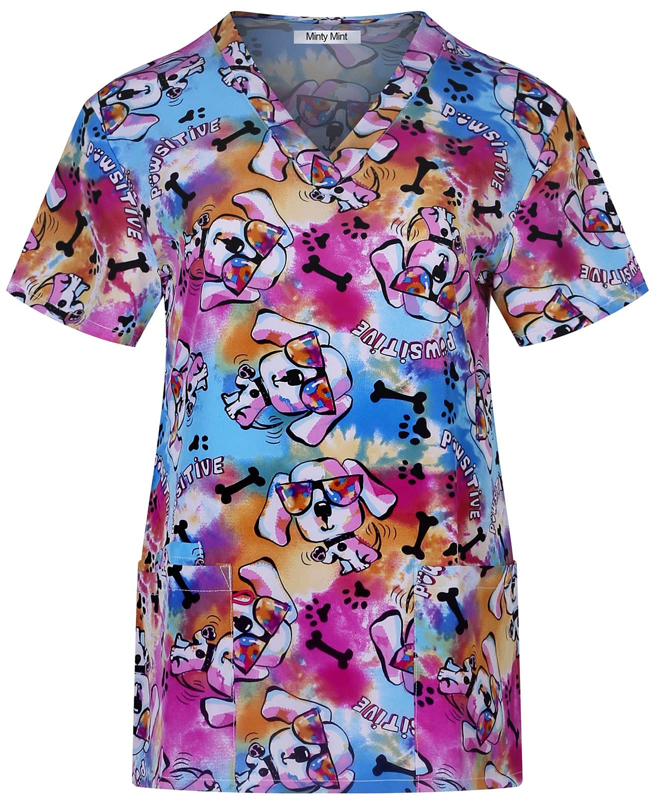 Minty Mint Women's Comfortable Easy Fit Lightweight Durable Stretch Printed V-Neck Medical Scrub Top Neon fd03fc Neon Pink M